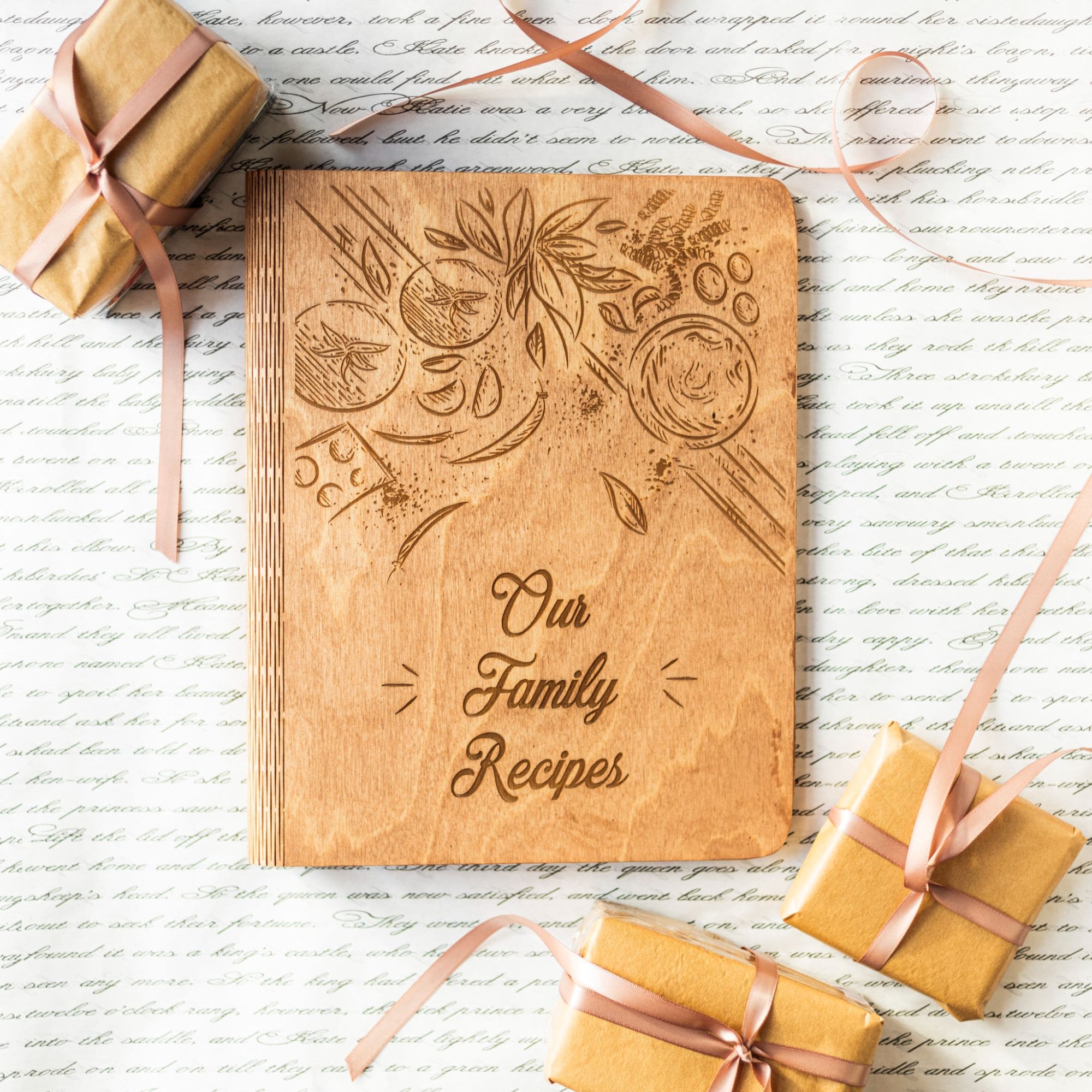 Personalized wooden recipe book engraved “Our Family Recipes” with gift wrapping – unique cookbook gift idea