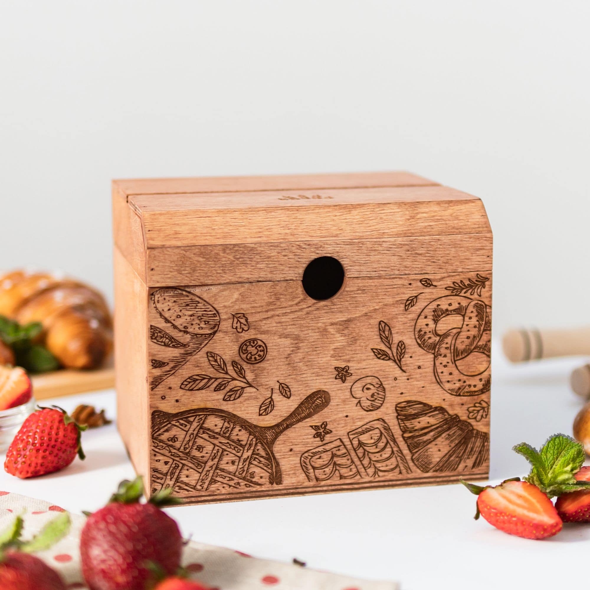 Rustic wooden recipe card box with food engraving design and secure lid for kitchen storage