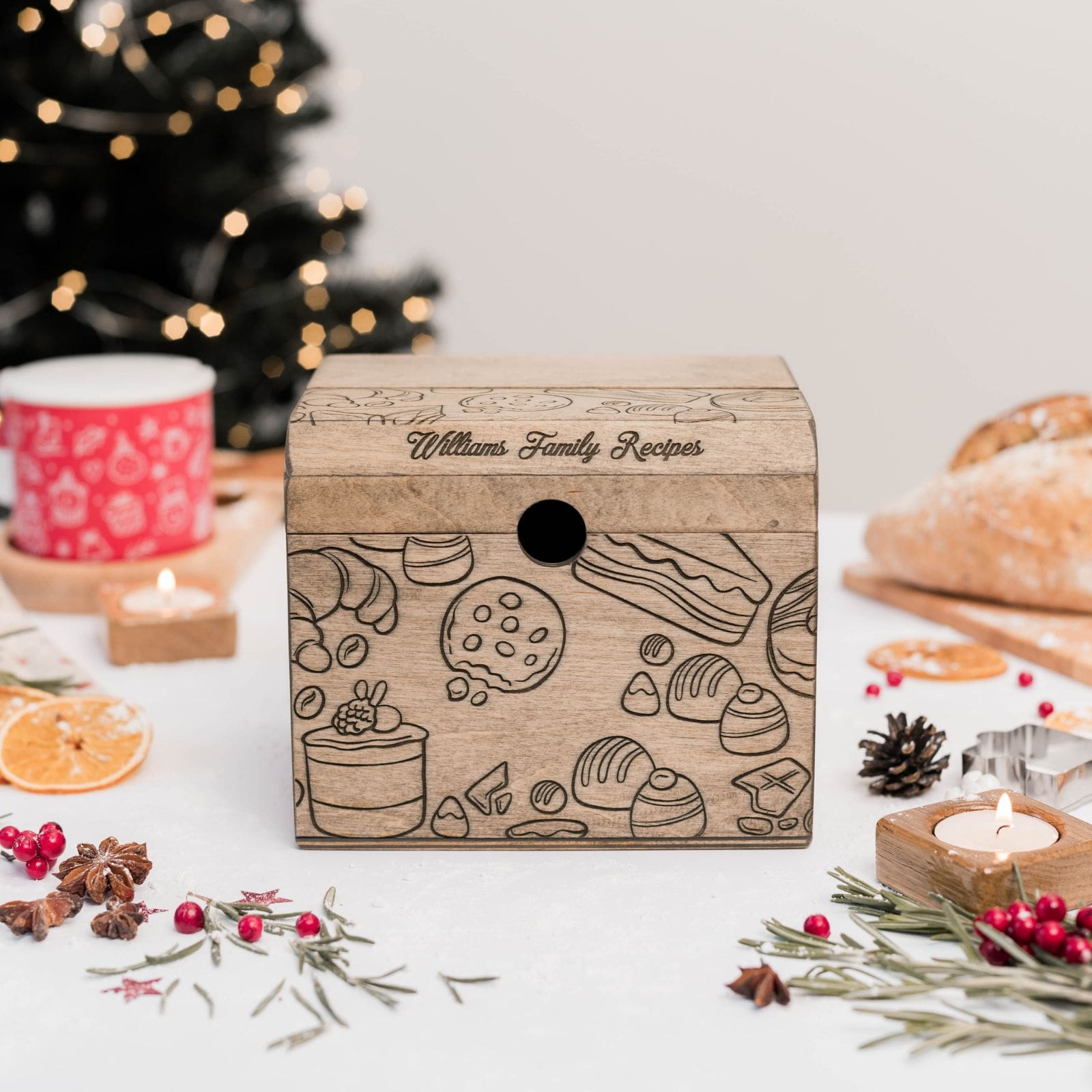 Wooden recipe card box engraved with pastries and personalized Williams Family Recipes text