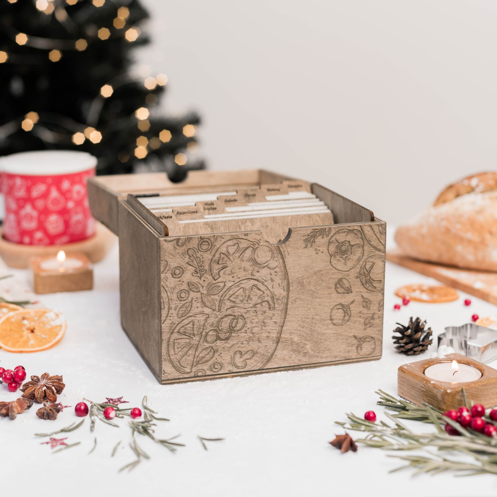 Personalized rustic recipe box with open lid showing cards