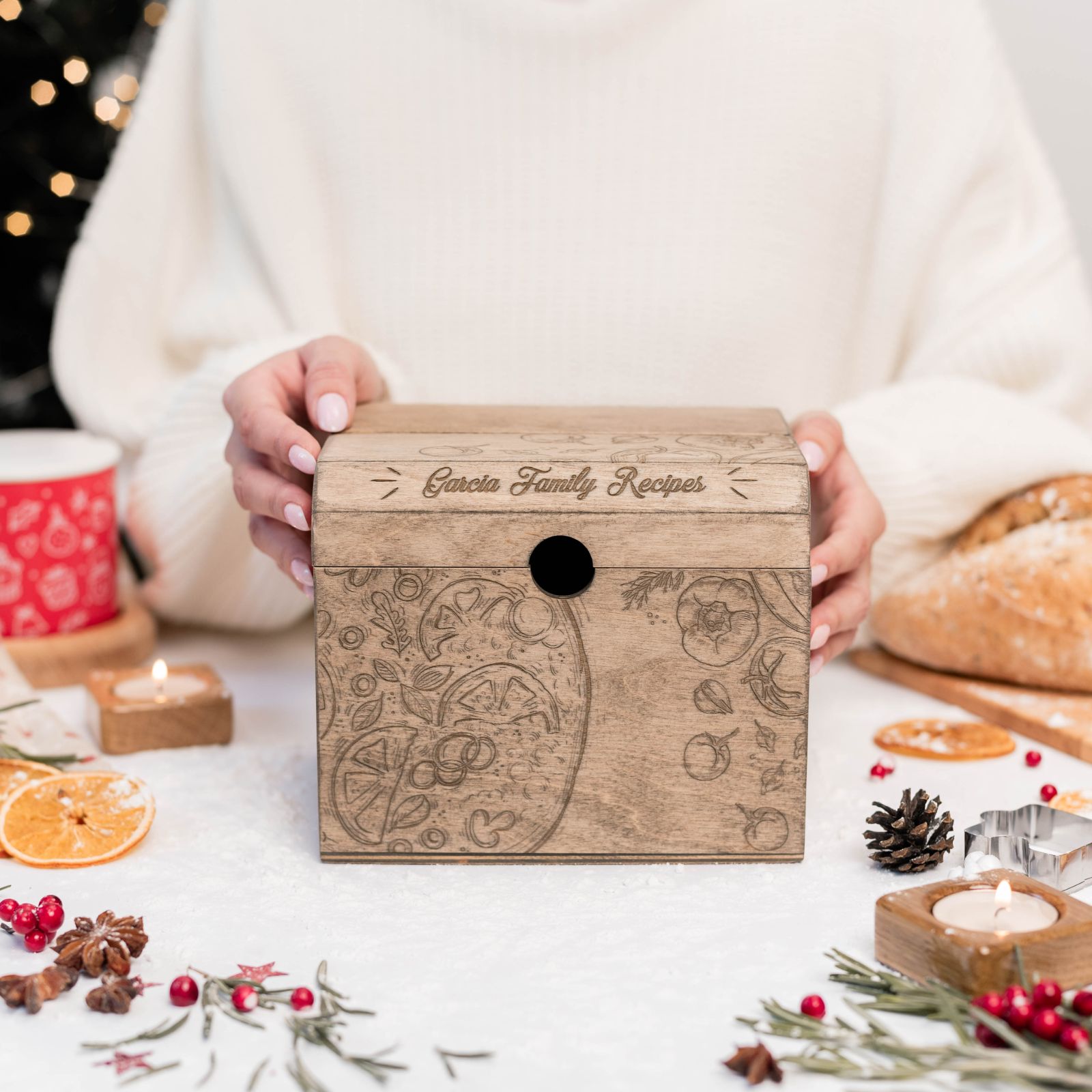 Handmade wooden recipe card holder with engraved floral design