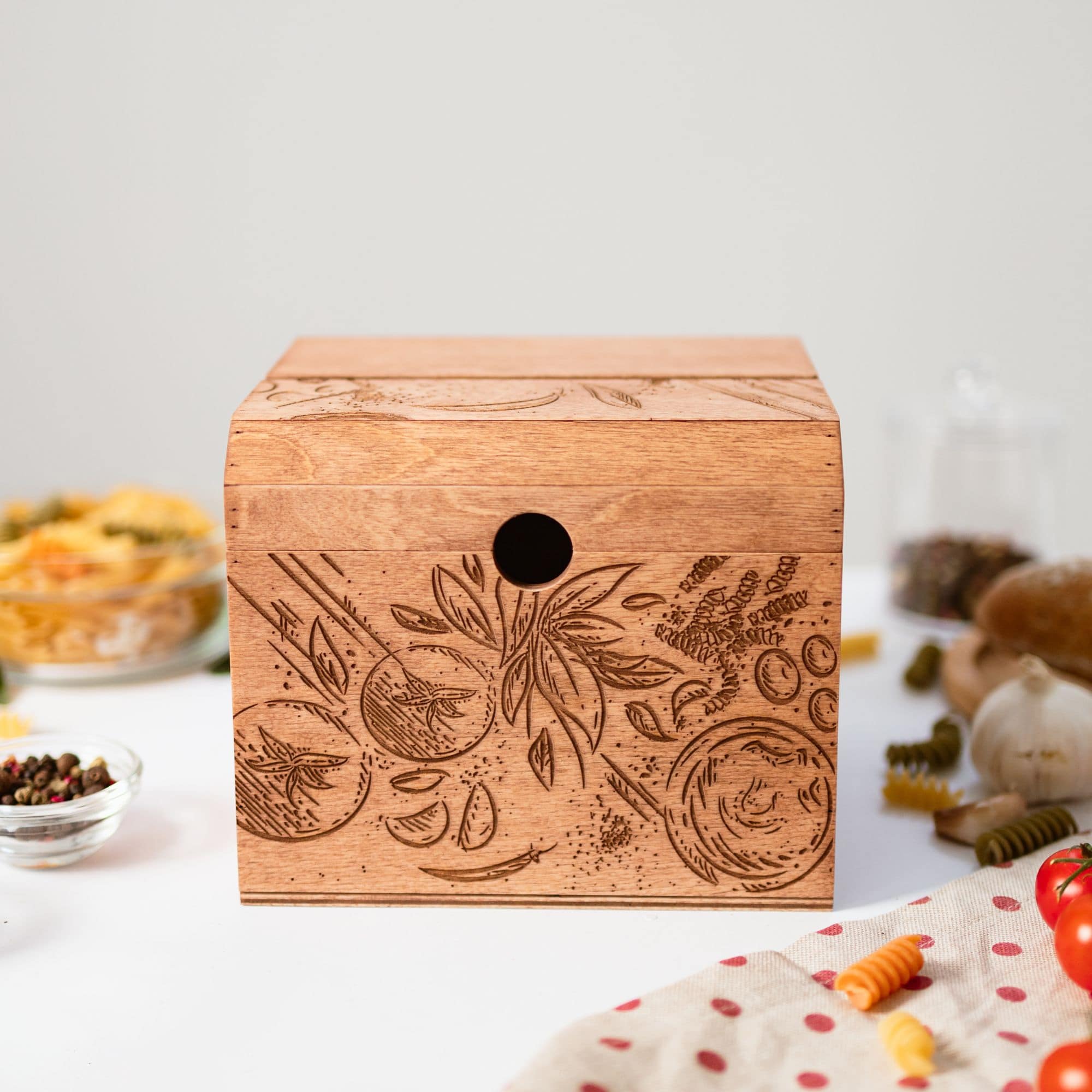 Closed engraved wooden recipe box for kitchen storage