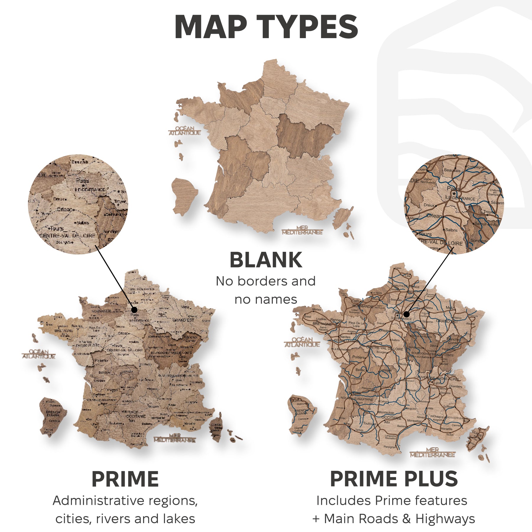 Comparison of different map types with labeled features on a white background