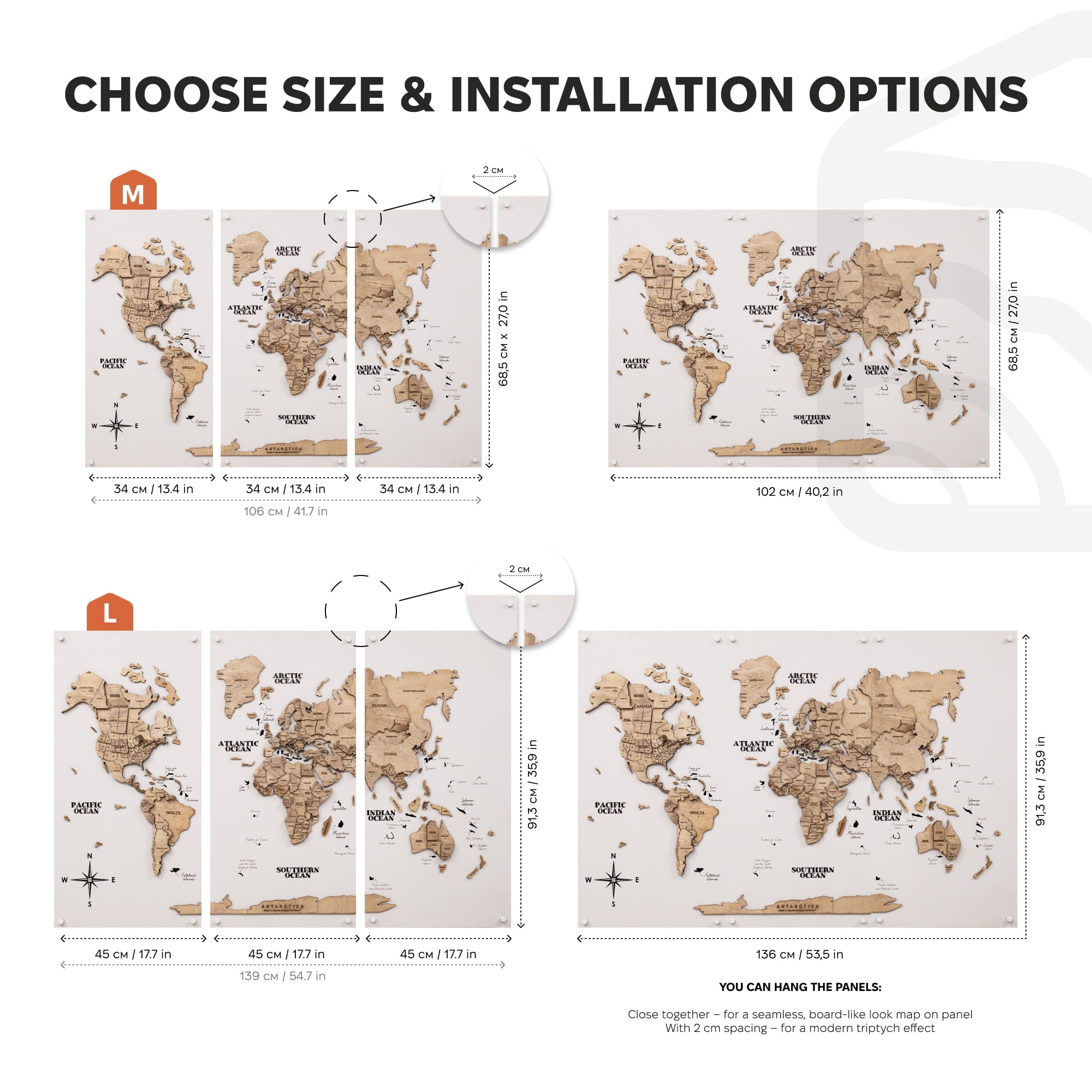 3D Wooden World Map Triptych Frameless - Terra by Enjoy The Wood