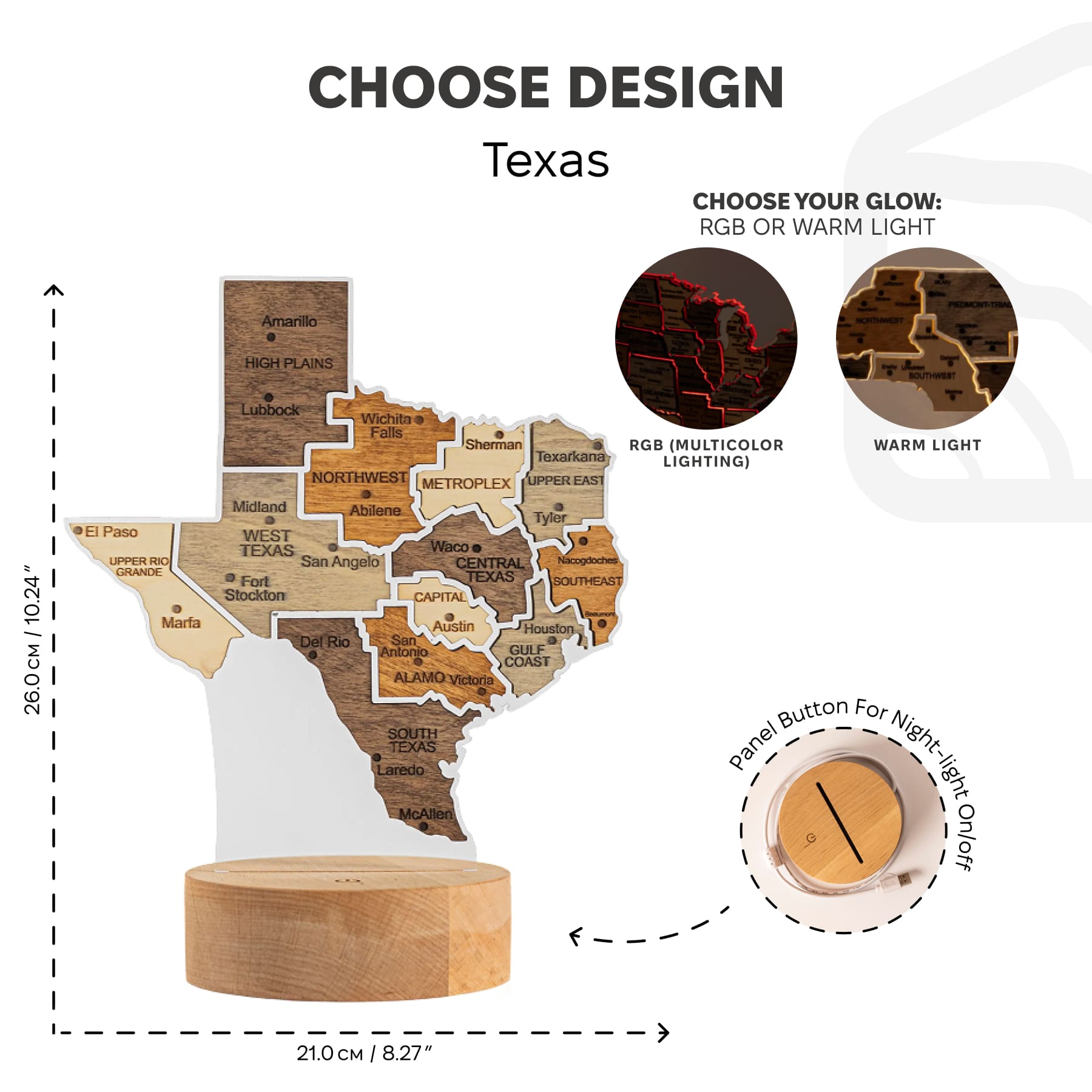 Texas-shaped wooden lamp with labeled regions and lighting options on a white background