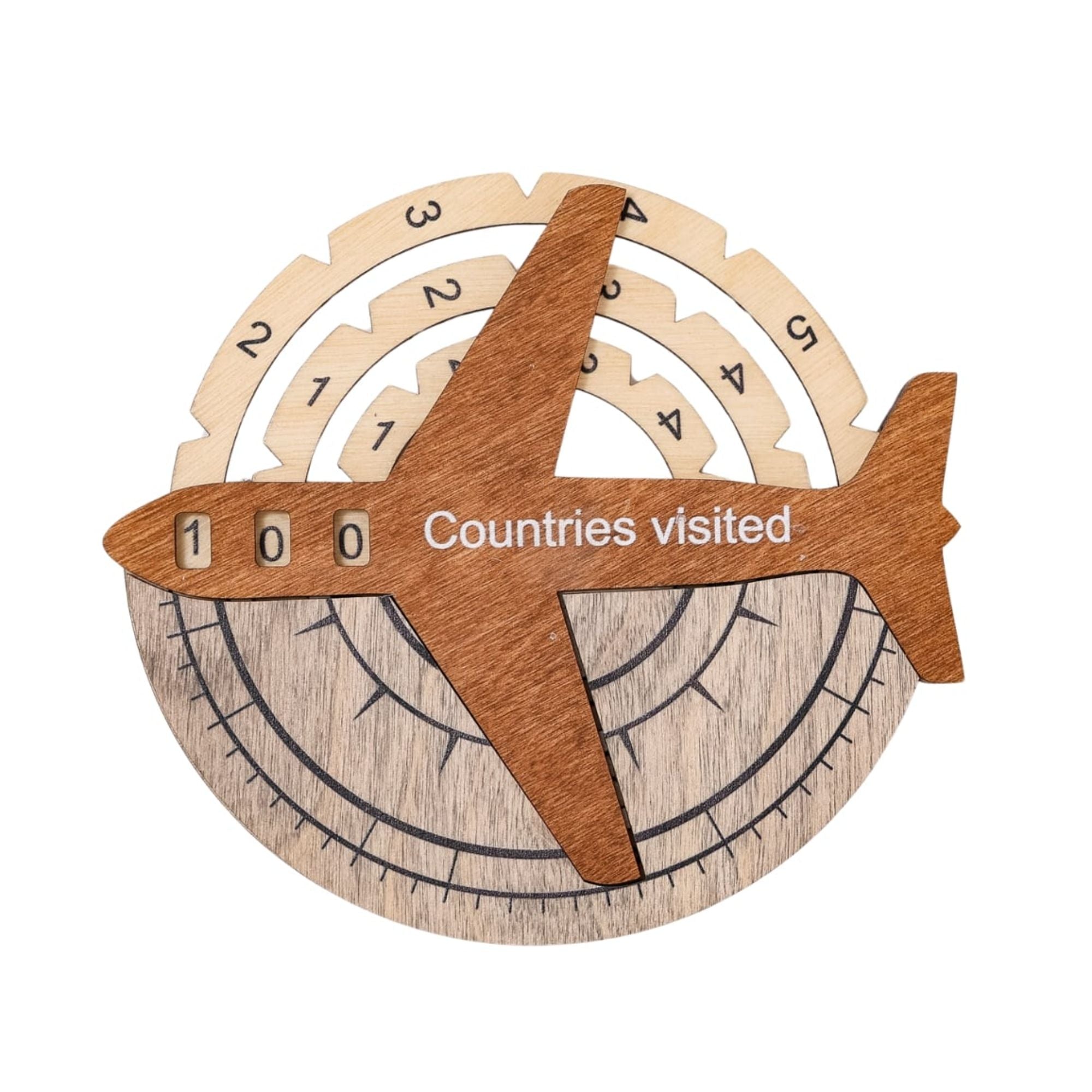 A promotional image featuring a wooden world map with a travel tracker add-on, where the wheels can be rotated to mark visited countries. The map is displayed with a text overlay that reads 'TRAVEL TRACKER ADD-ON' and 'Count your adventures in style.