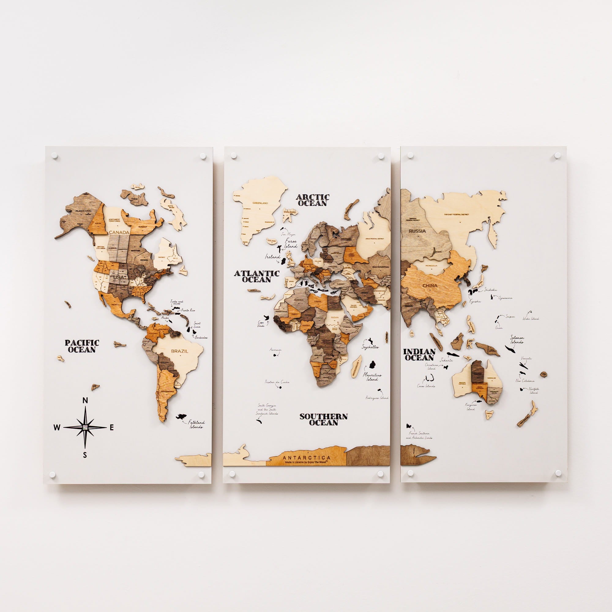 3D Wooden World Map Triptych Frameless - Multicolor by Enjoy The Wood