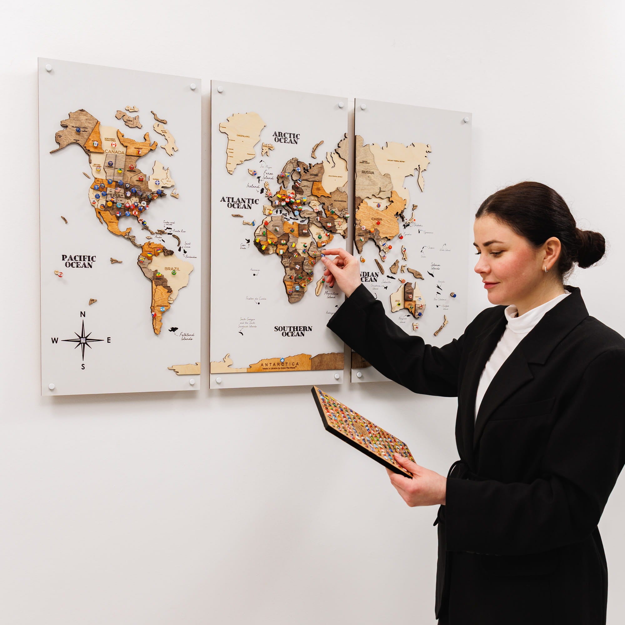 3D Wooden World Map Triptych Frameless - Multicolor by Enjoy The Wood