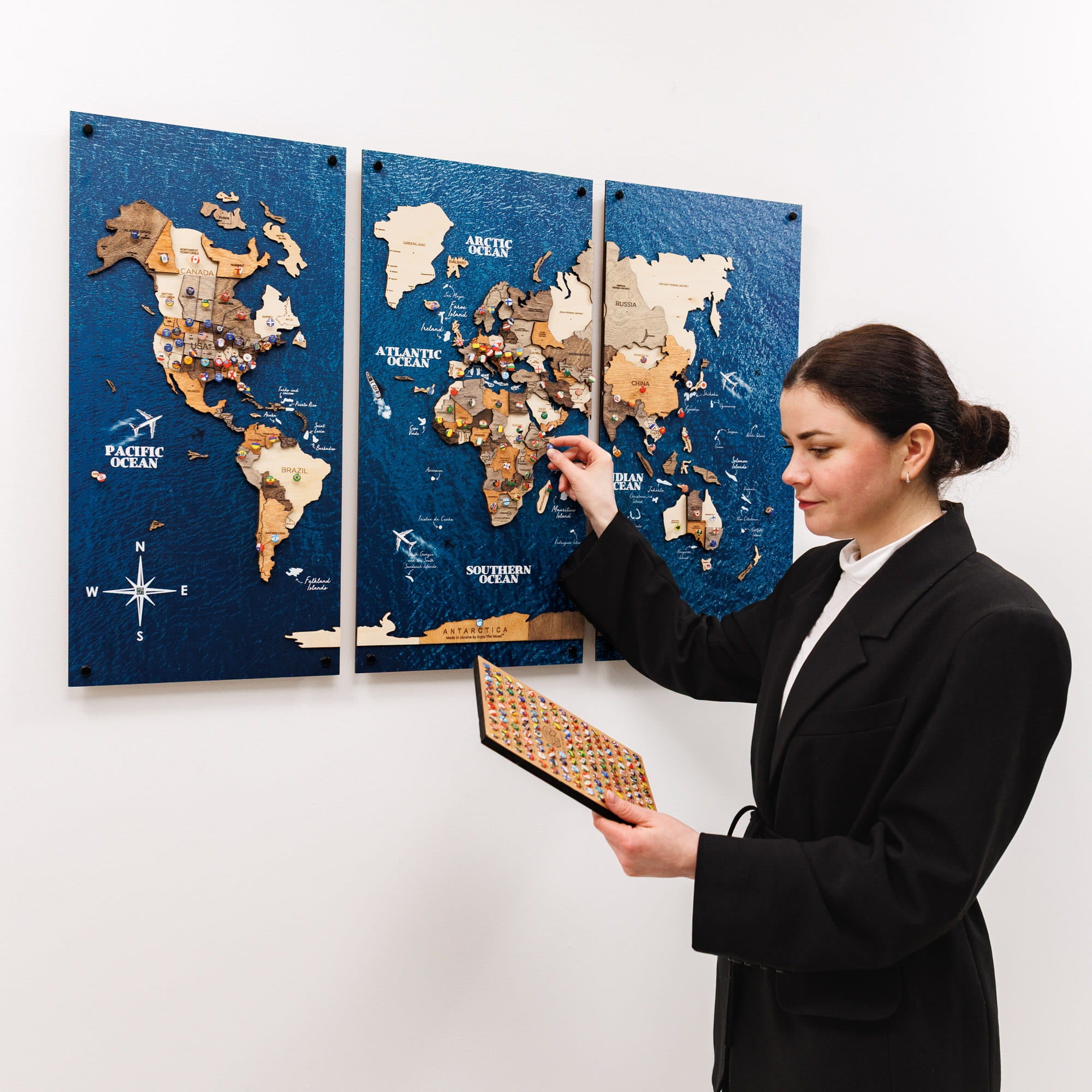 3D Wooden World Map Triptych Frameless - Multicolor by Enjoy The Wood