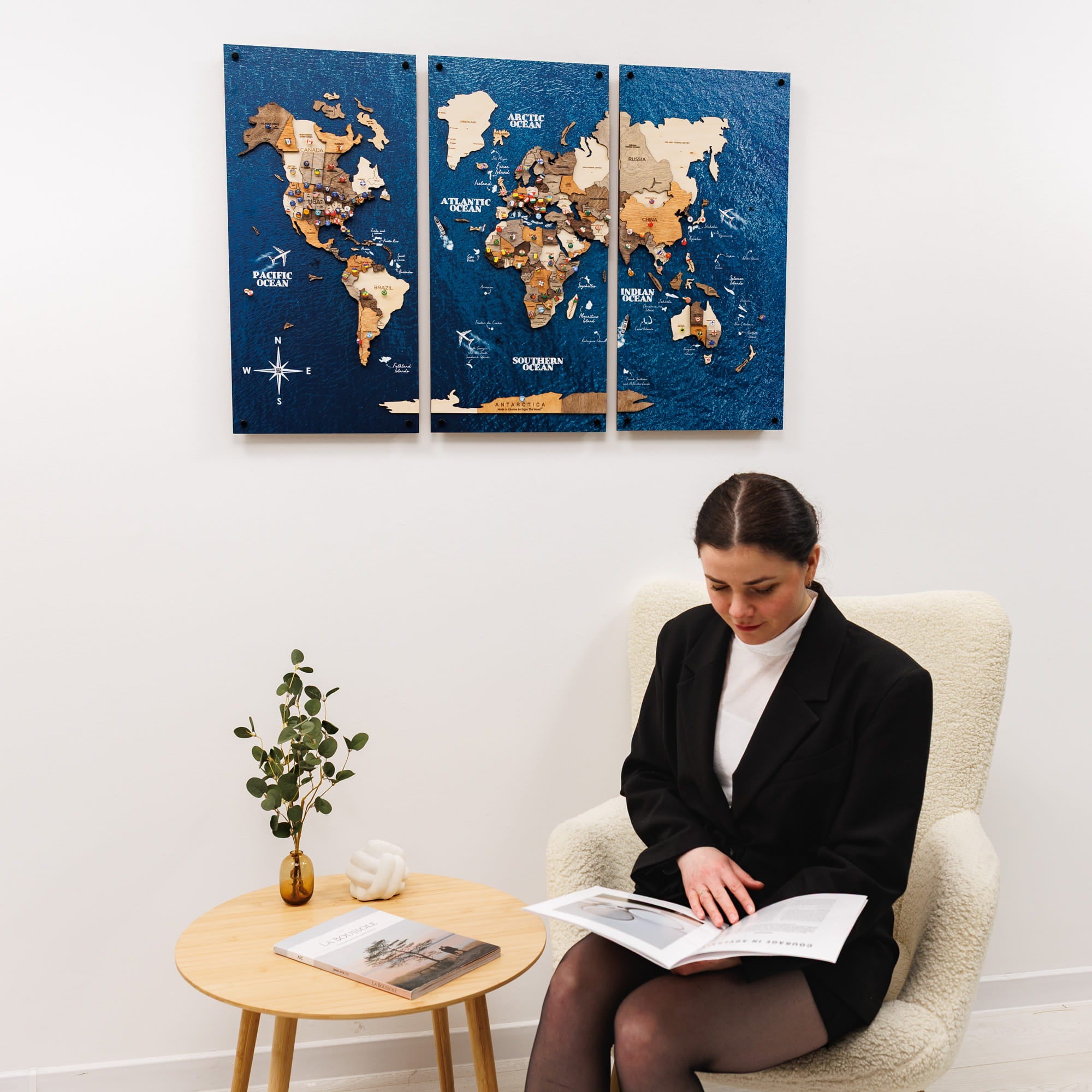 3D Wooden World Map Triptych Frameless - Multicolor by Enjoy The Wood