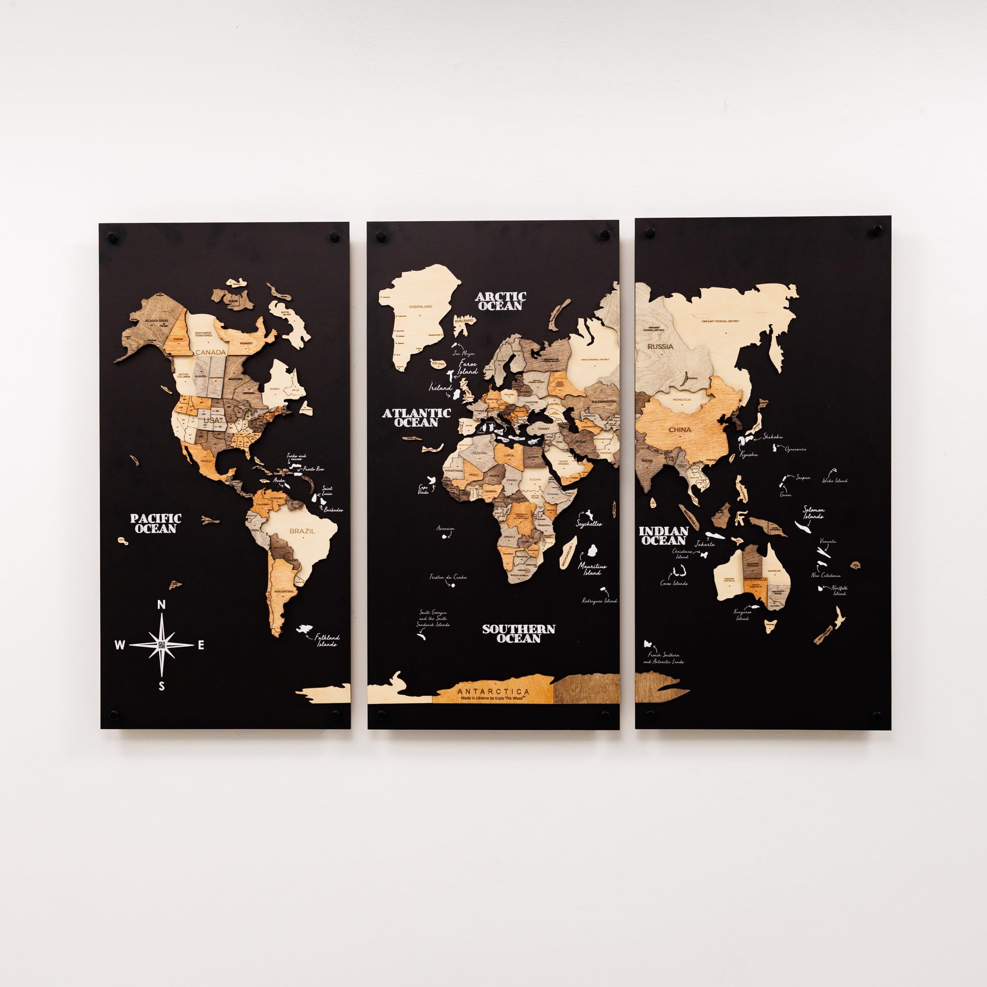 3D Wooden World Map Triptych Frameless - Multicolor by Enjoy The Wood