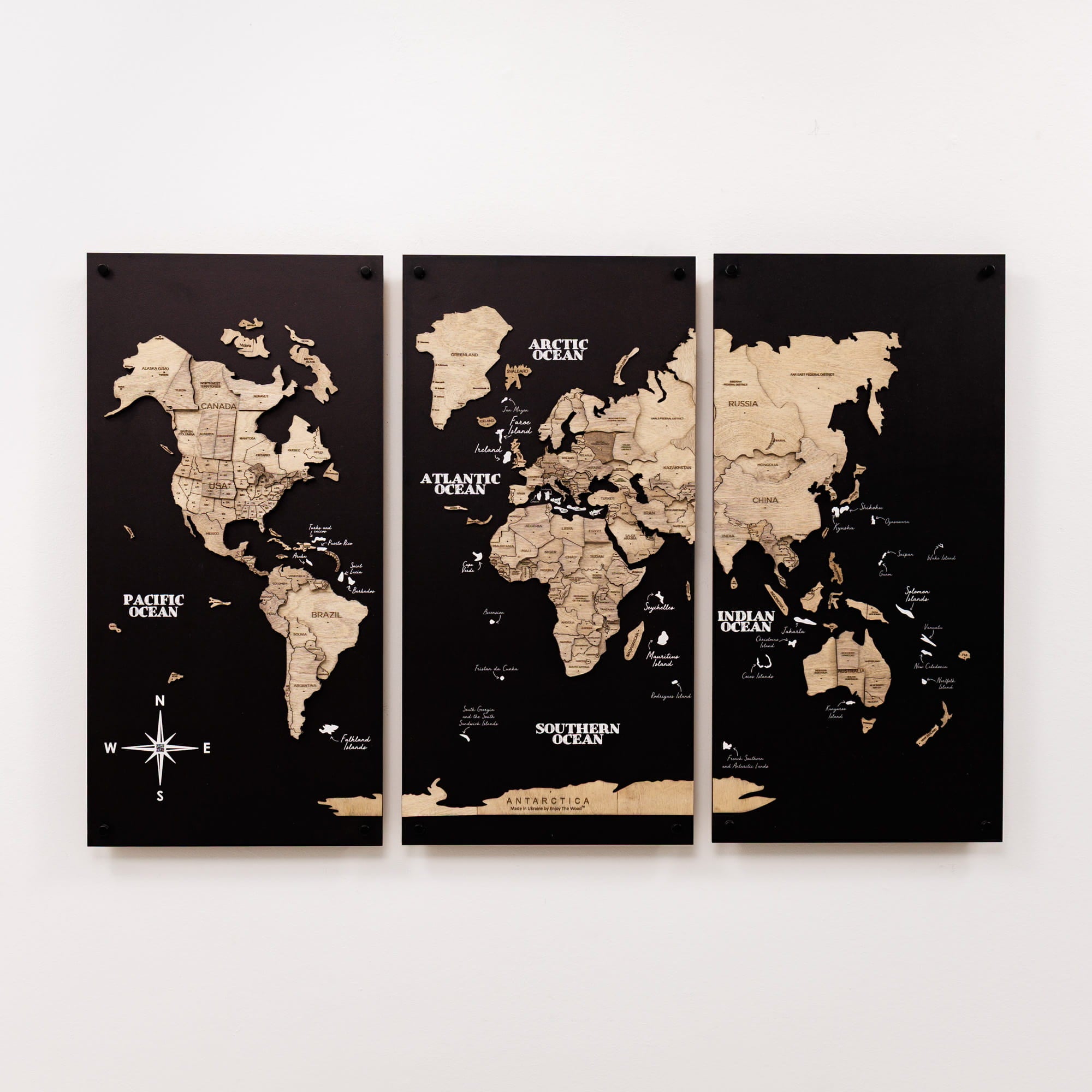 3D Wooden World Map Triptych Frameless - Terra by Enjoy The Wood