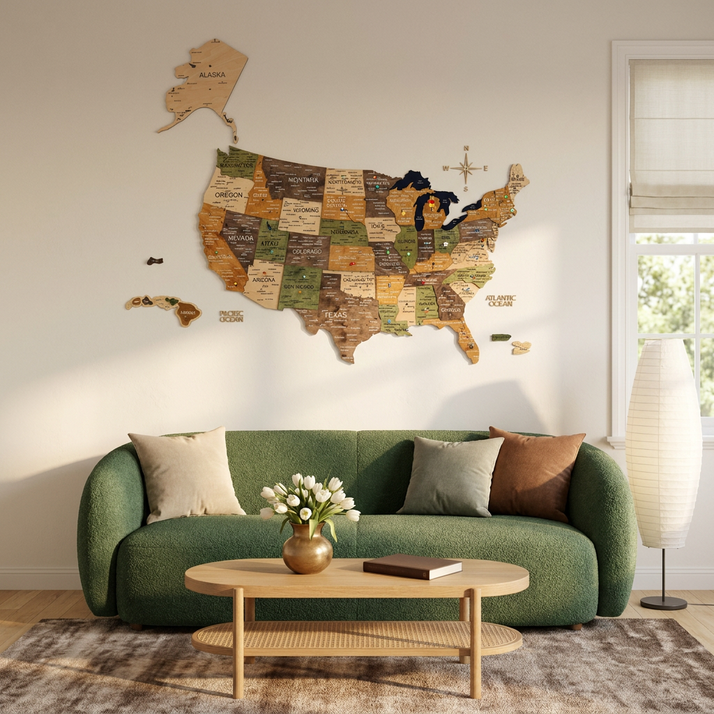 Carte 3D en bois des États-Unis-Multicolore