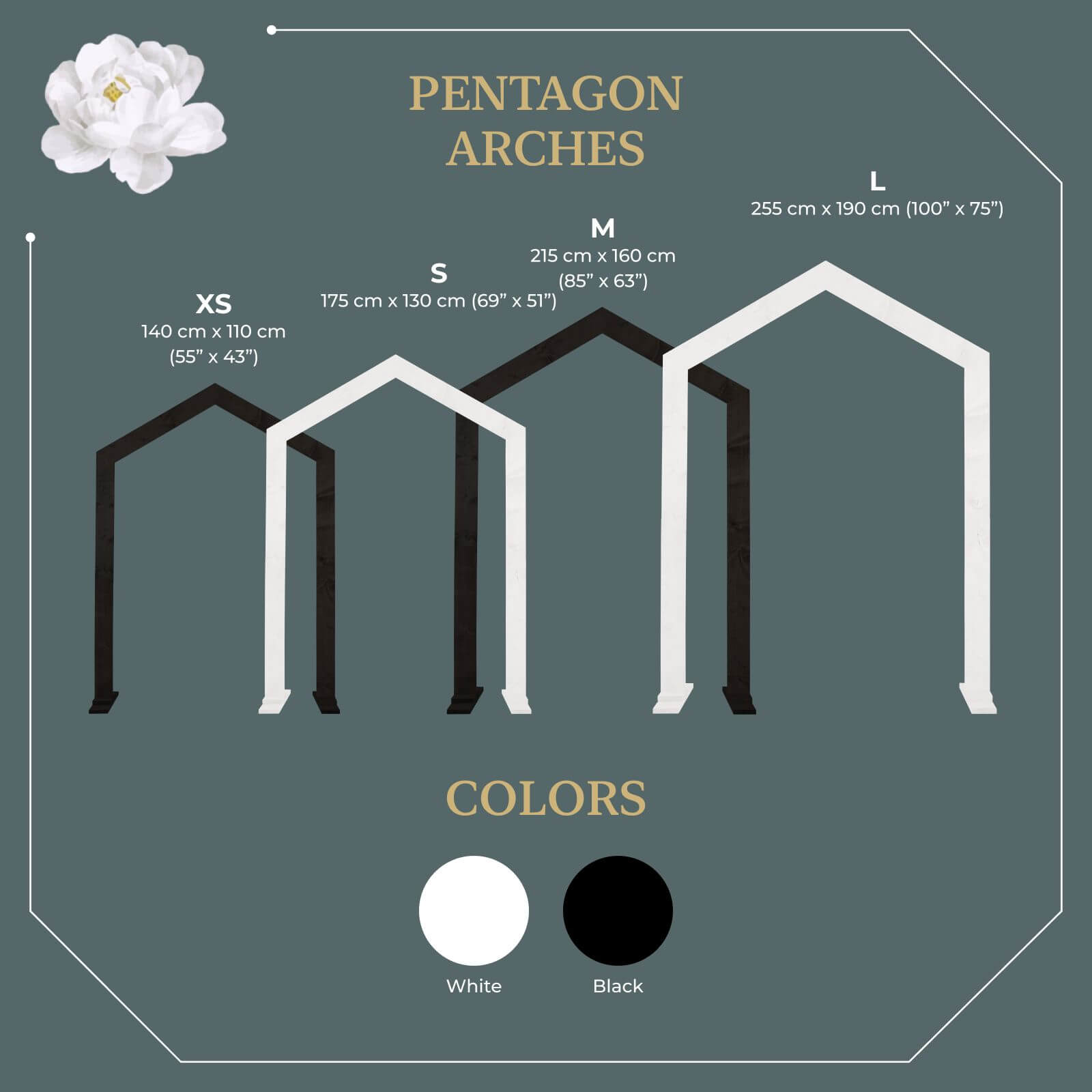Pentagon wedding arch size chart in modern white and black colors.