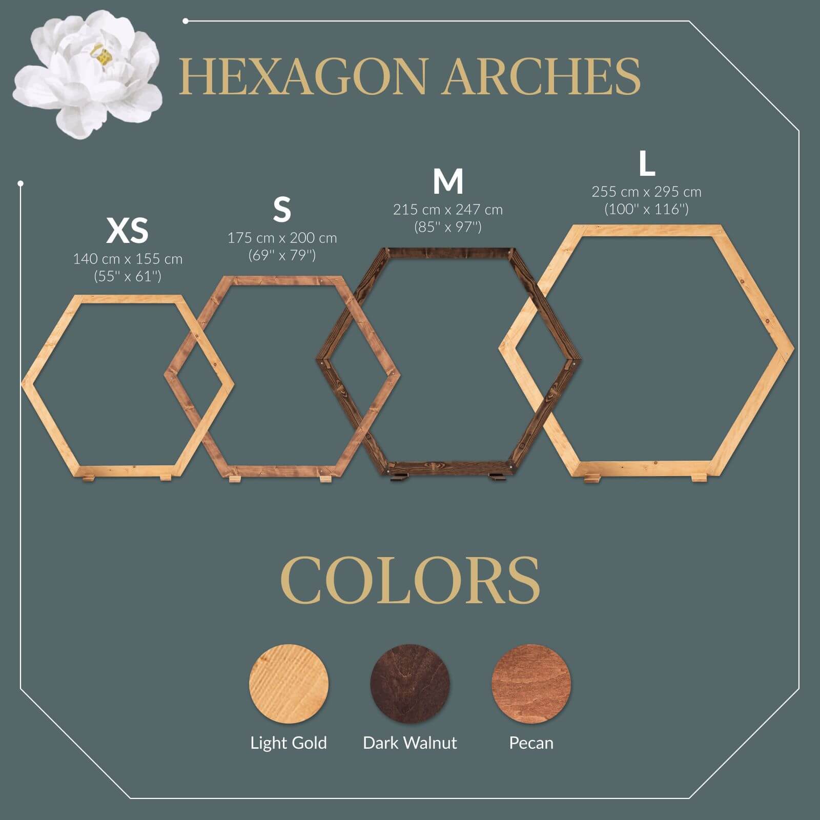 Hexagon wooden arches size chart with colors and dimensions.