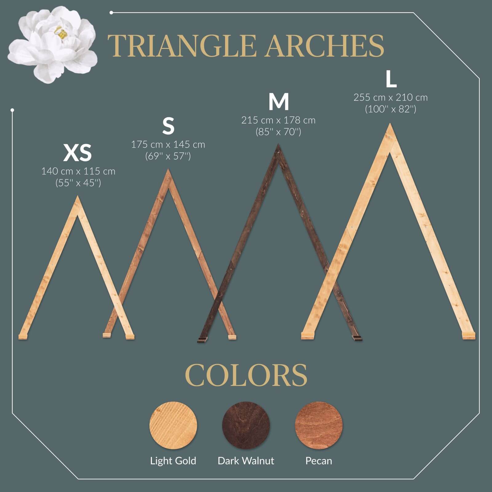 Wooden triangle wedding arches in different sizes and colors