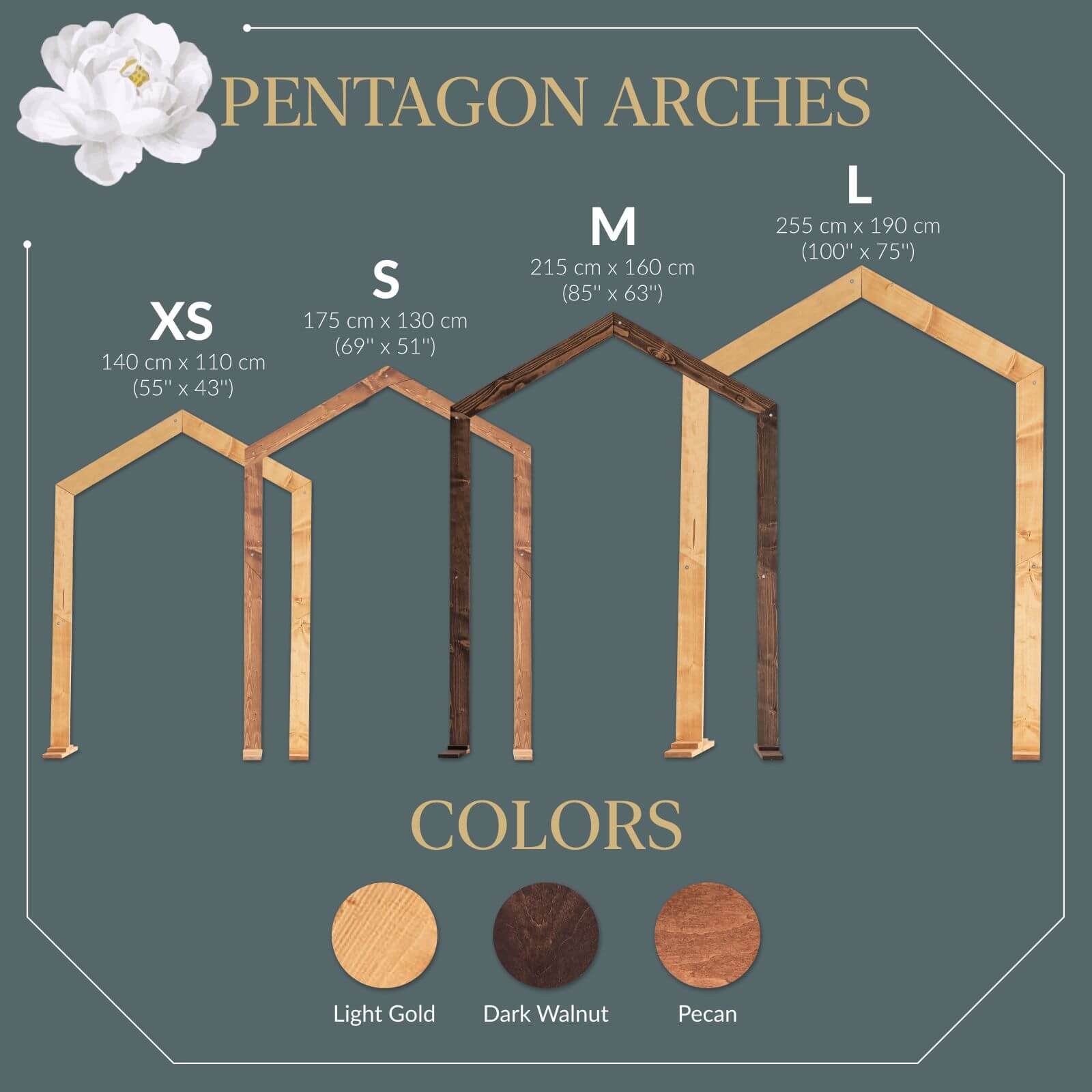 Pentagon wedding arch size chart in natural wood color options.