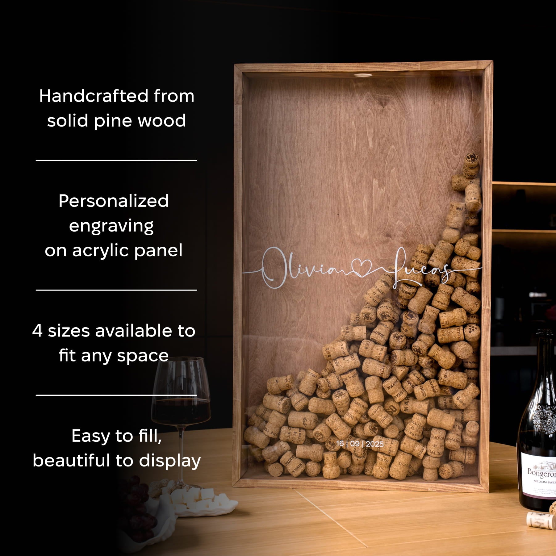 A rectangular wooden shadow box display filled with wine bottle corks