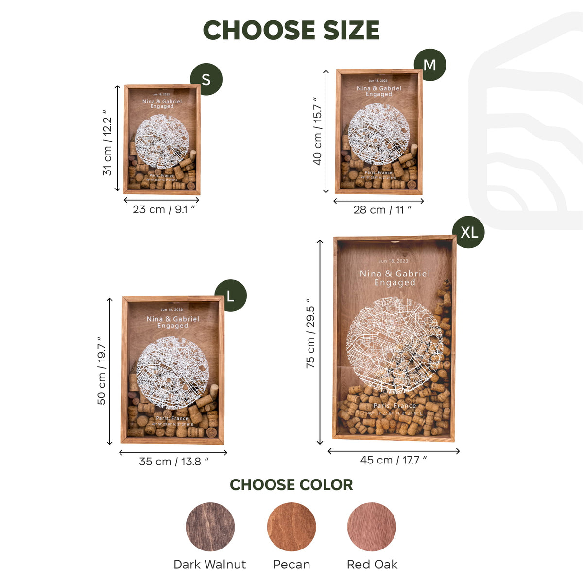Size and color selection chart for a wooden engraved gift box