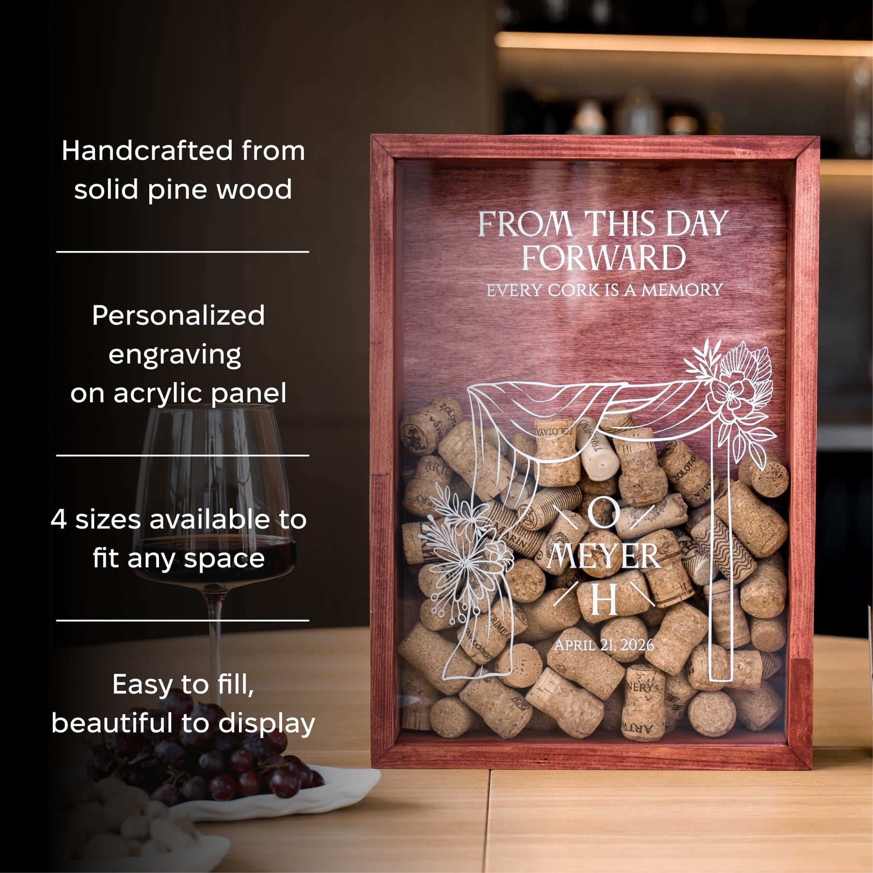 A personalized wooden wine cork display box