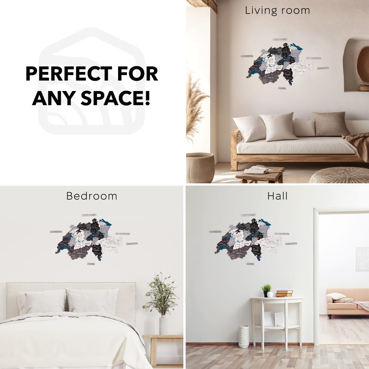 Wall decal displayed in living room, bedroom, and hall with text 'Perfect for any space'.