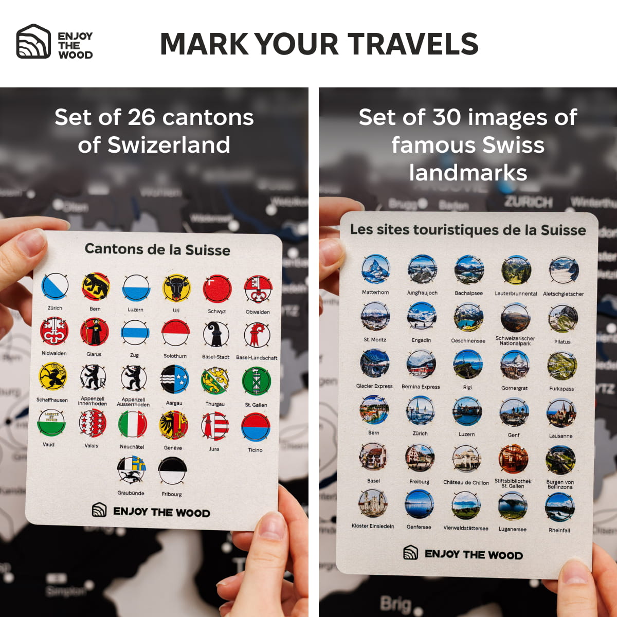 Two cards with Swiss canton flags and landmarks held by hands against a blurred background.