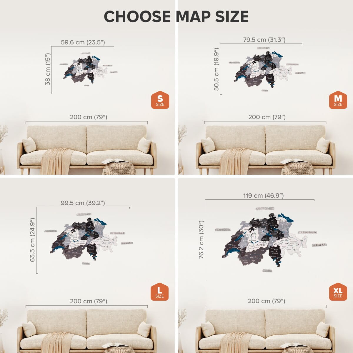 Comparison of map sizes displayed above a beige sofa with corresponding dimensions.