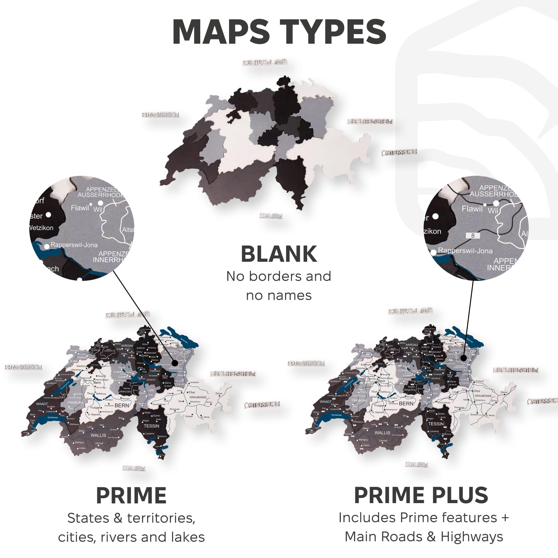 Comparison of different map types on a white background