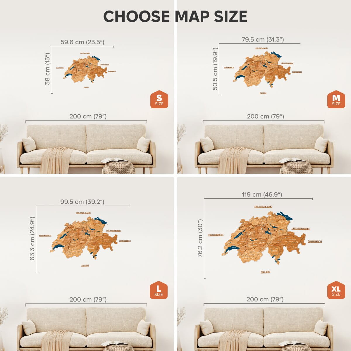 Map size selection guide with different map sizes displayed next to a sofa.