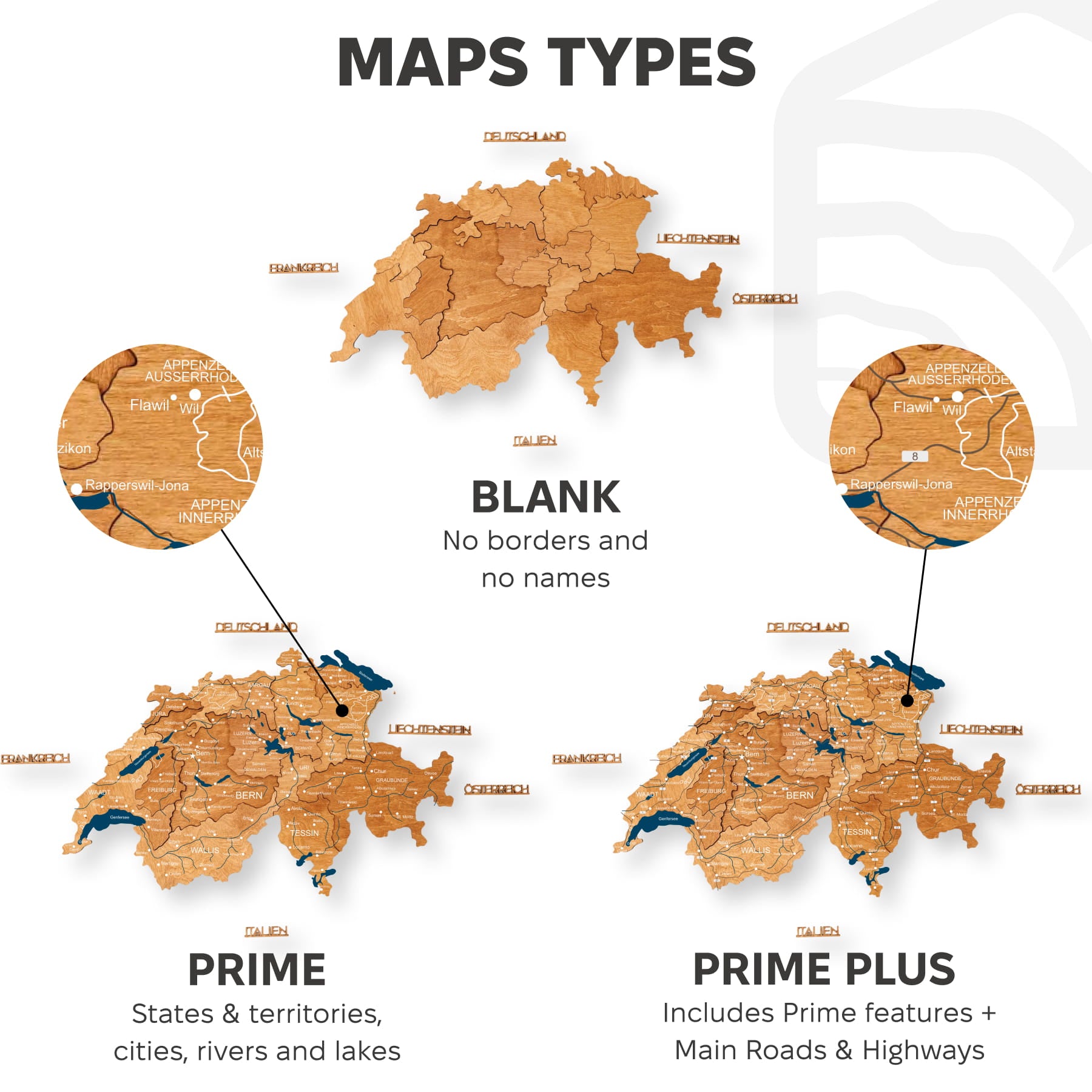 Comparison of different map types with labels on a white background