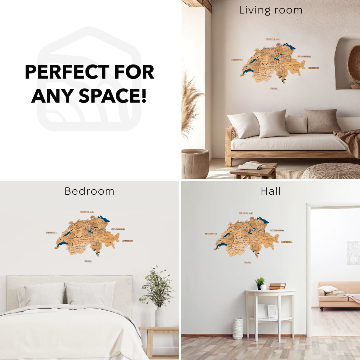 Map wall decal displayed in living room, bedroom, and hall settings with text 'Perfect for any space'.