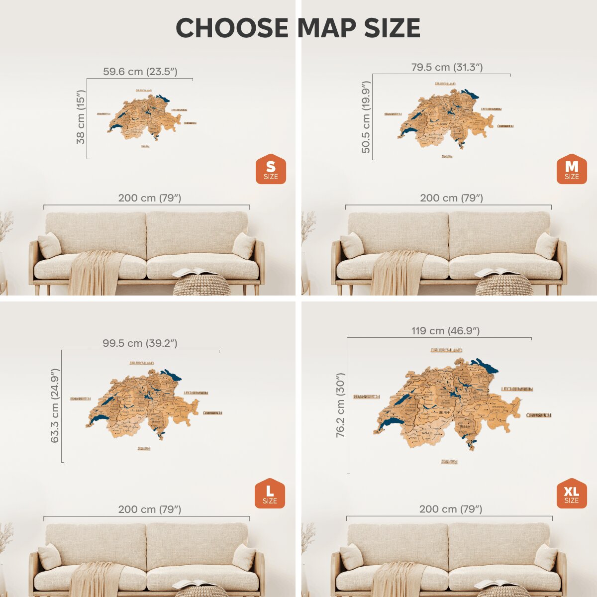 Map size selection guide with different map sizes displayed next to a sofa.
