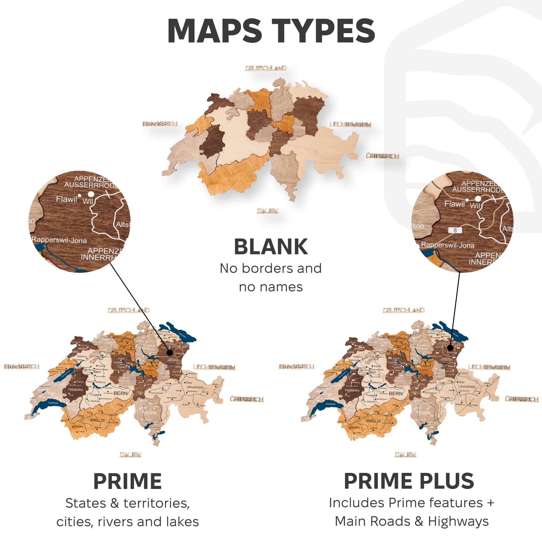 Diagram showing different map types with wooden map designs.