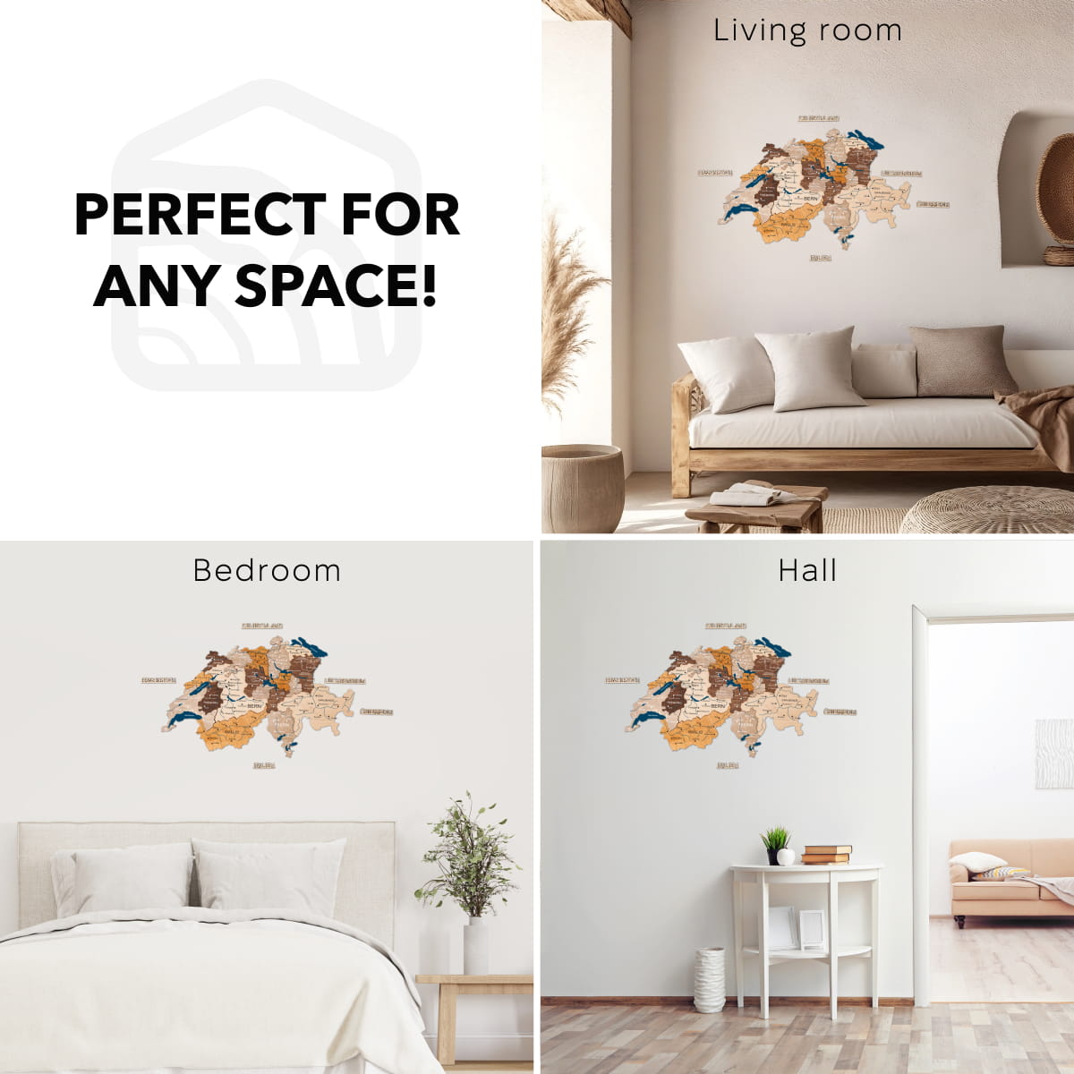 Wall decal with decorative elements displayed in living room, bedroom, and hall settings.