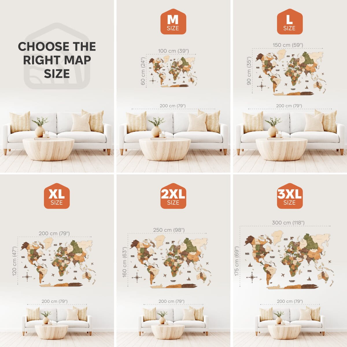 A size comparison chart showing six world map wall tapestry options labeled M, L, XL, 2XL, and 3XL, each displayed above a living room scene with a sofa and coffee table to indicate scale. The tapestries feature a beige background with multicolored continents and small bird silhouettes.