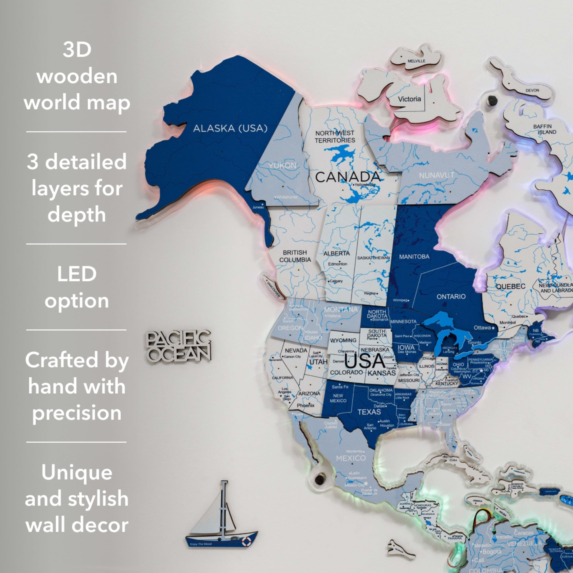 3D wooden world map with LED option on a white background