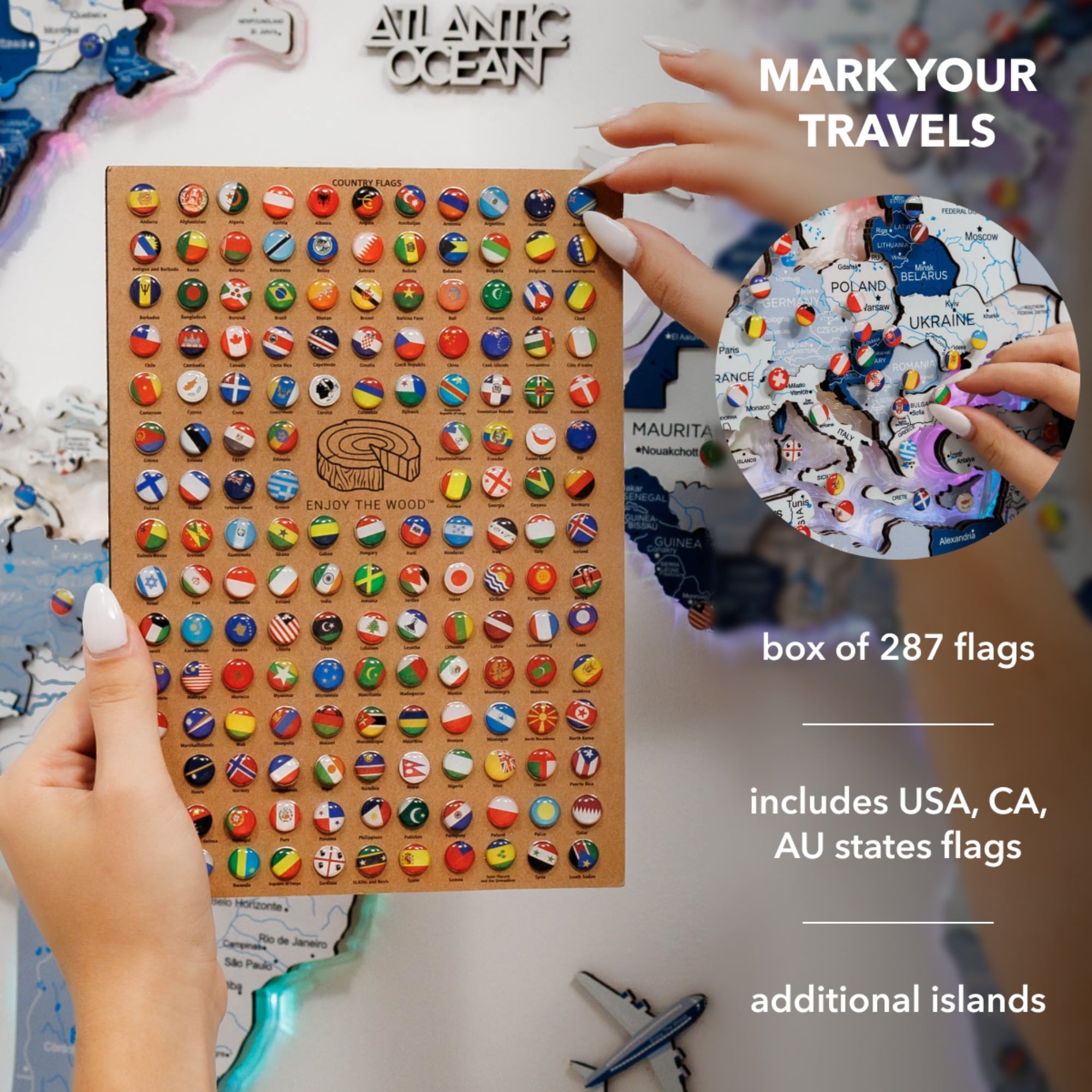 Board with small flags held by a hand, with travel-themed text overlay.