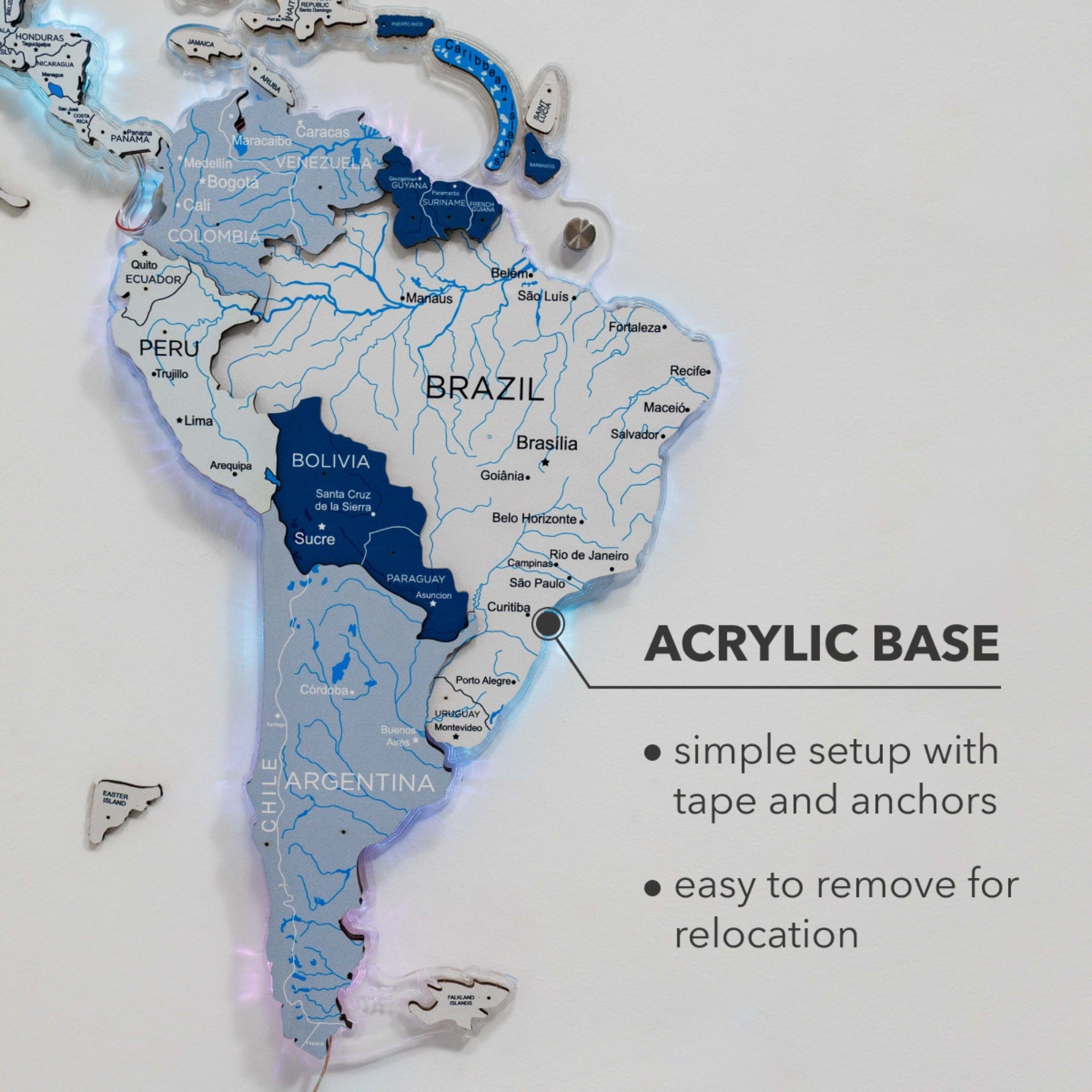 Map of South America with acrylic base features on a white background