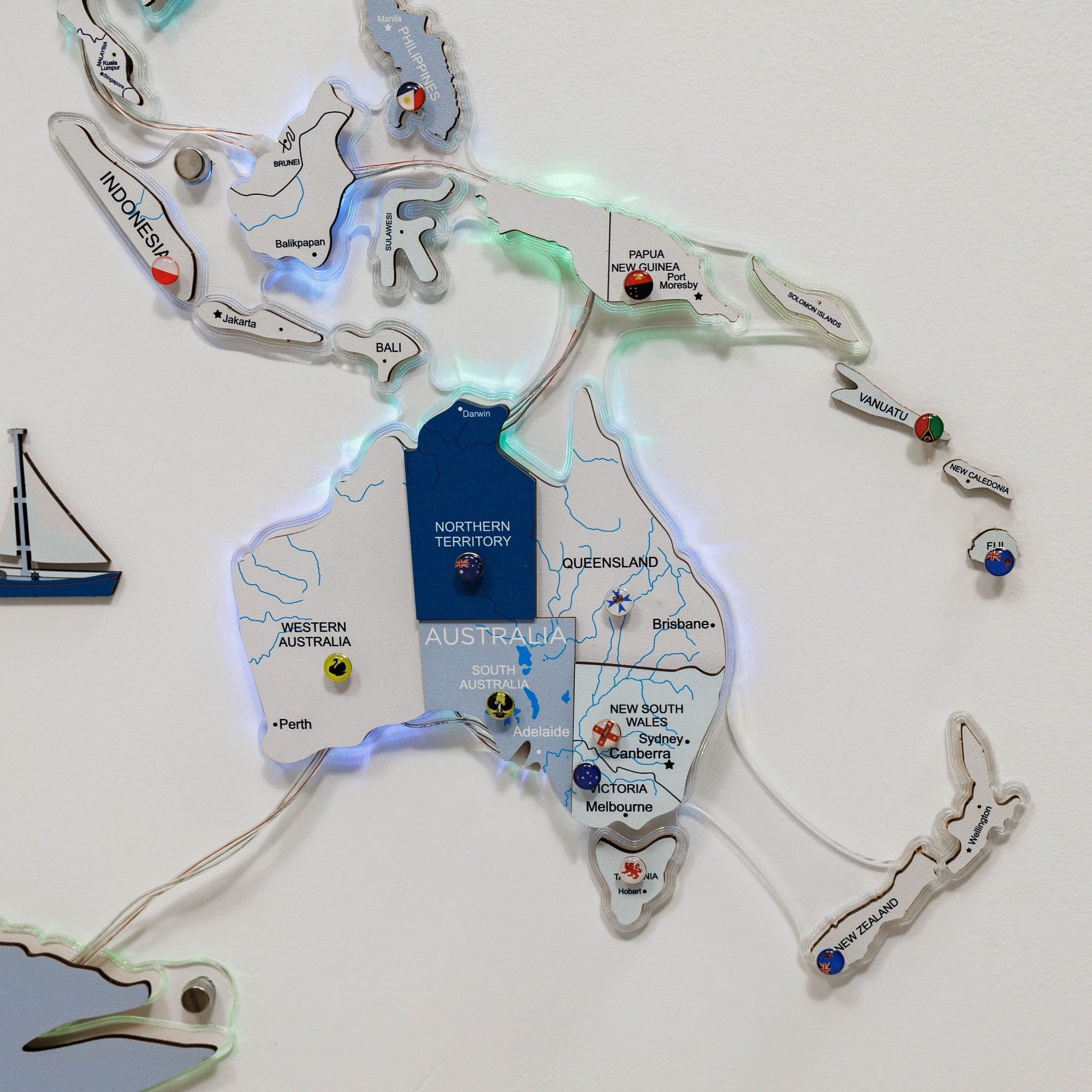 Map of Australia with illuminated lights on a white background