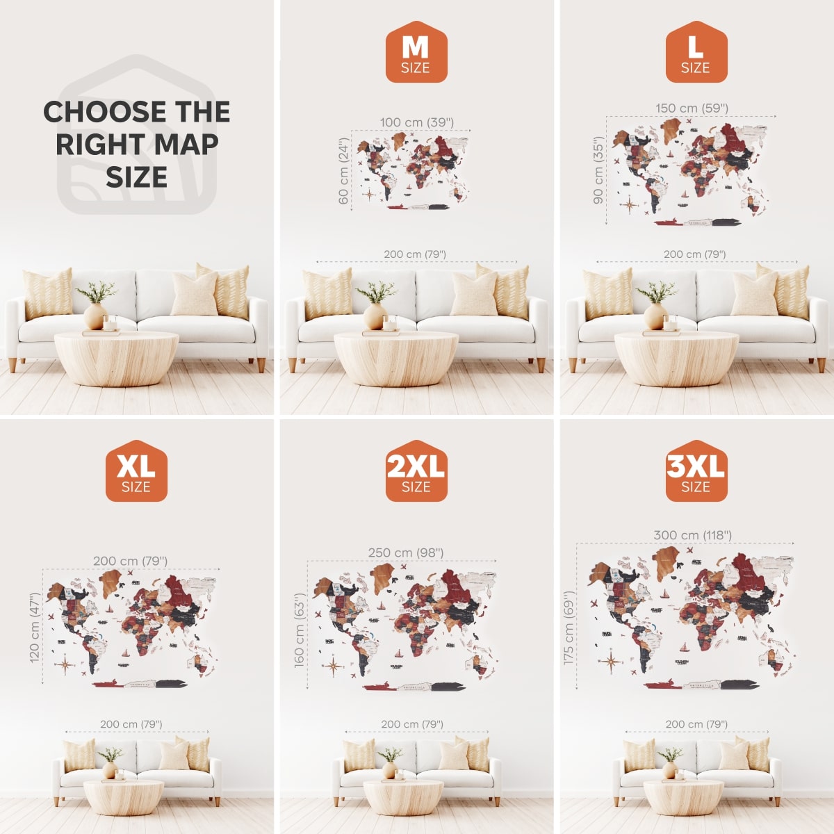 Comparison of world map sizes on a wall with a sofa and coffee table.