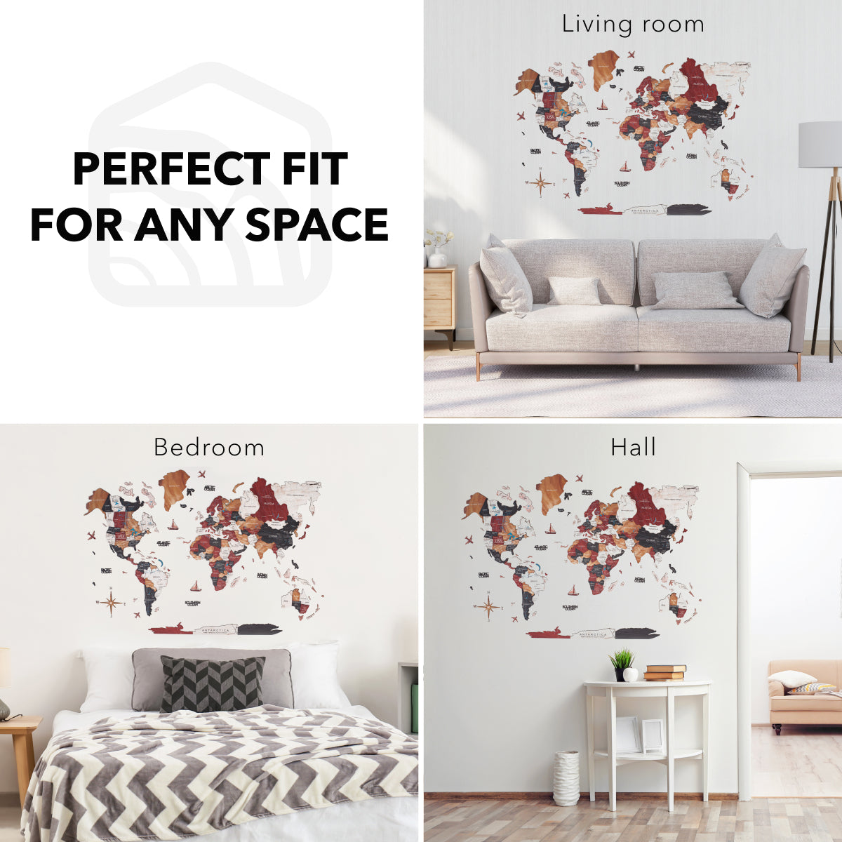 World map wall decal displayed in various rooms with text 'Perfect Fit for Any Space'.