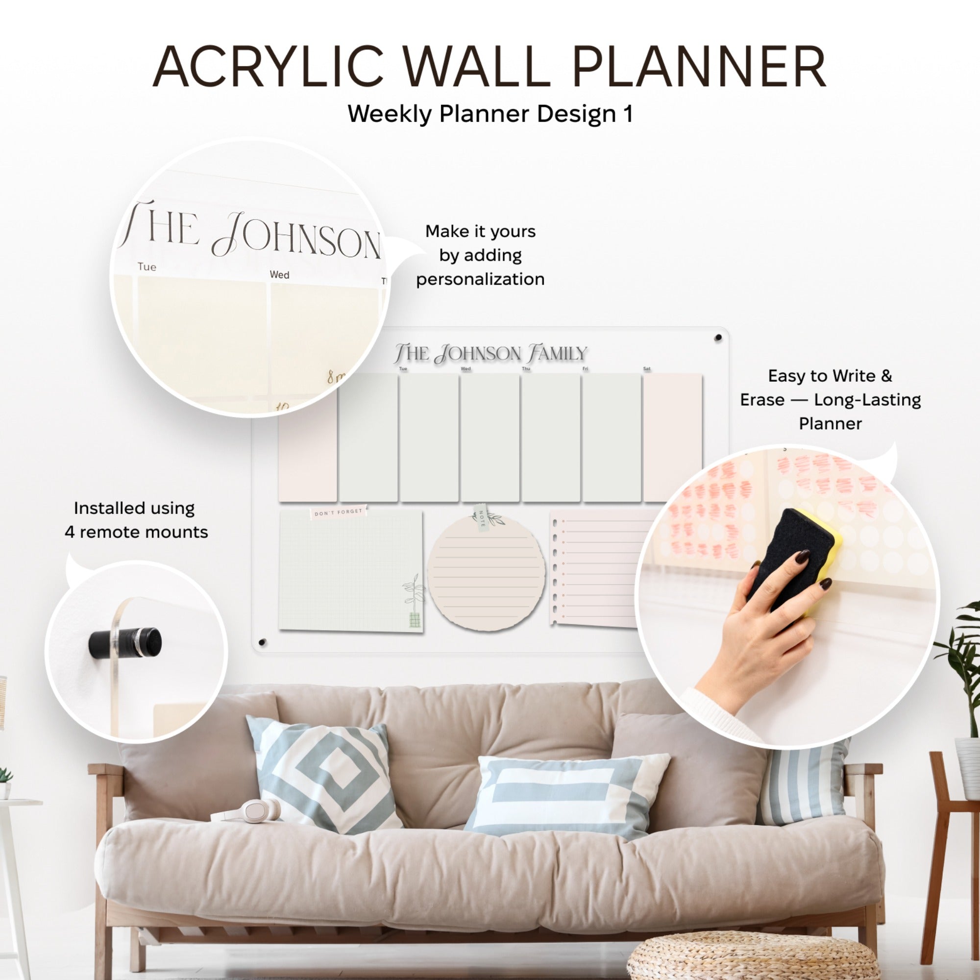 Acrylic wall planner with customizable design on a living room wall.