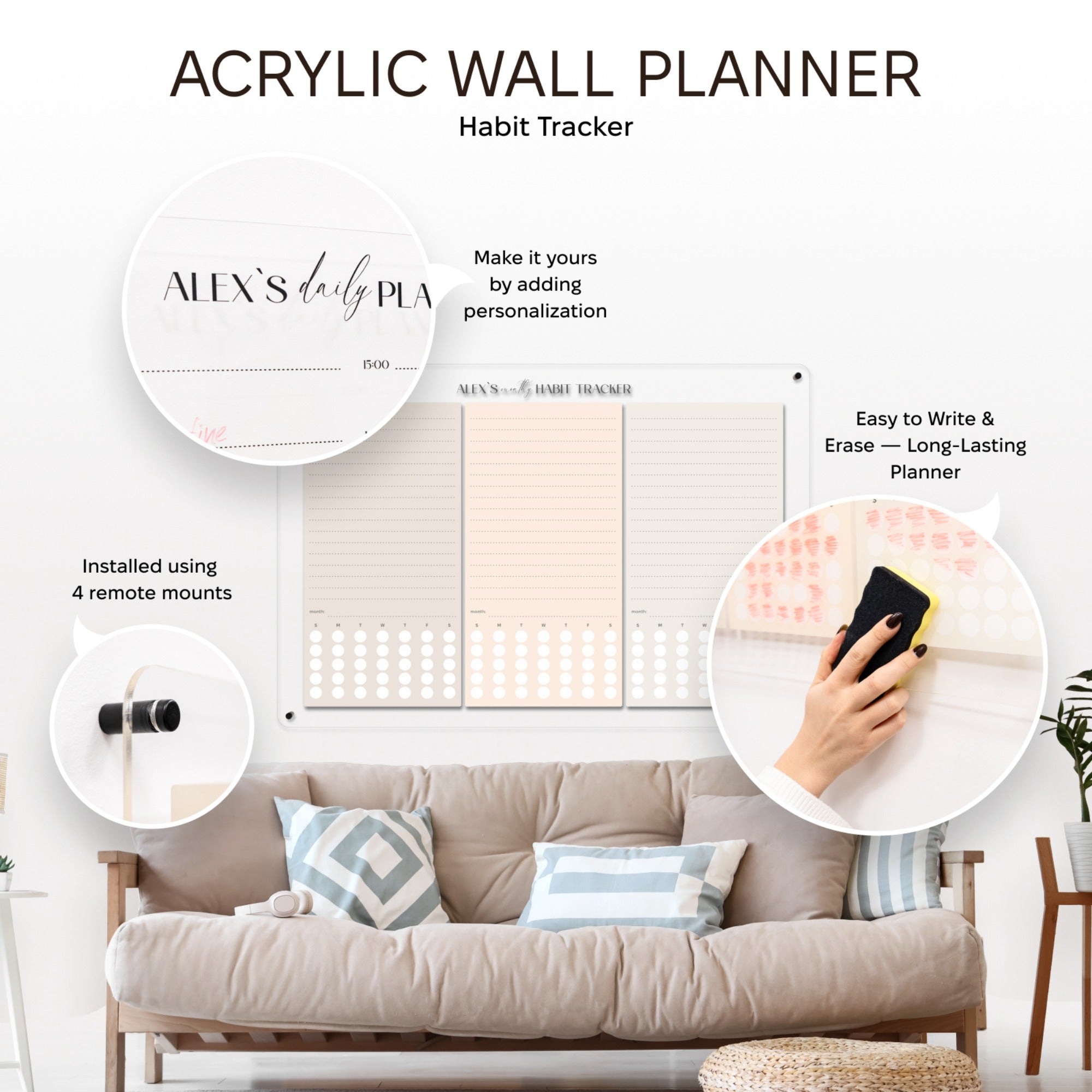 Acrylic wall planner with habit tracker on a white background