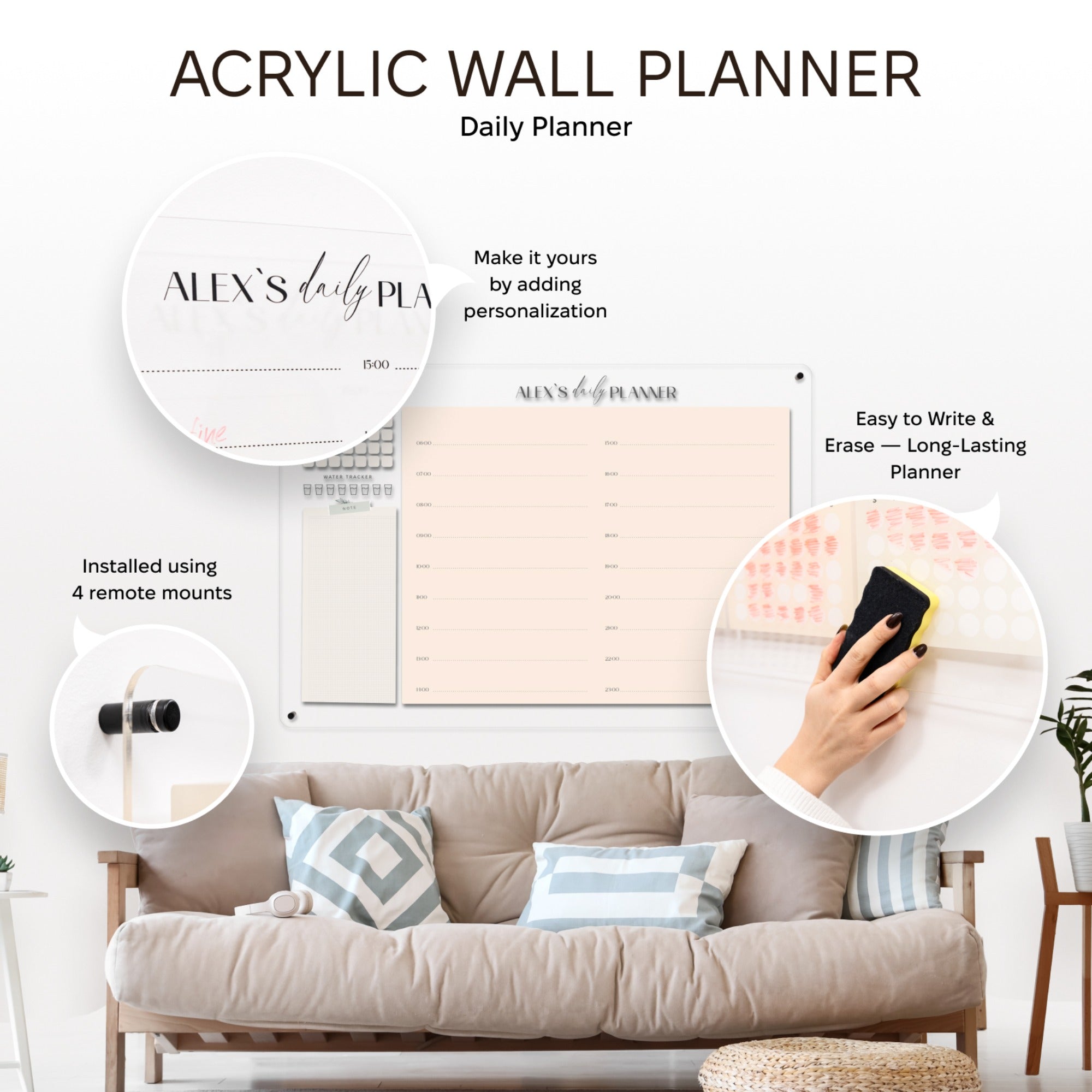 Acrylic wall planner with customizable text, shown in a living room setting.