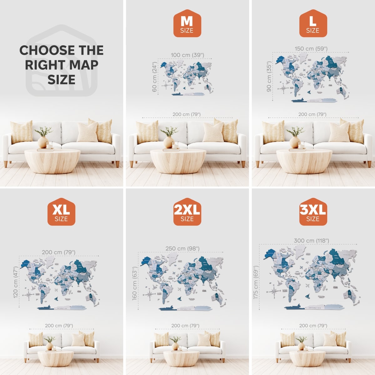 Collage of world map wall decal sizes with corresponding dimensions in a living room setting.
