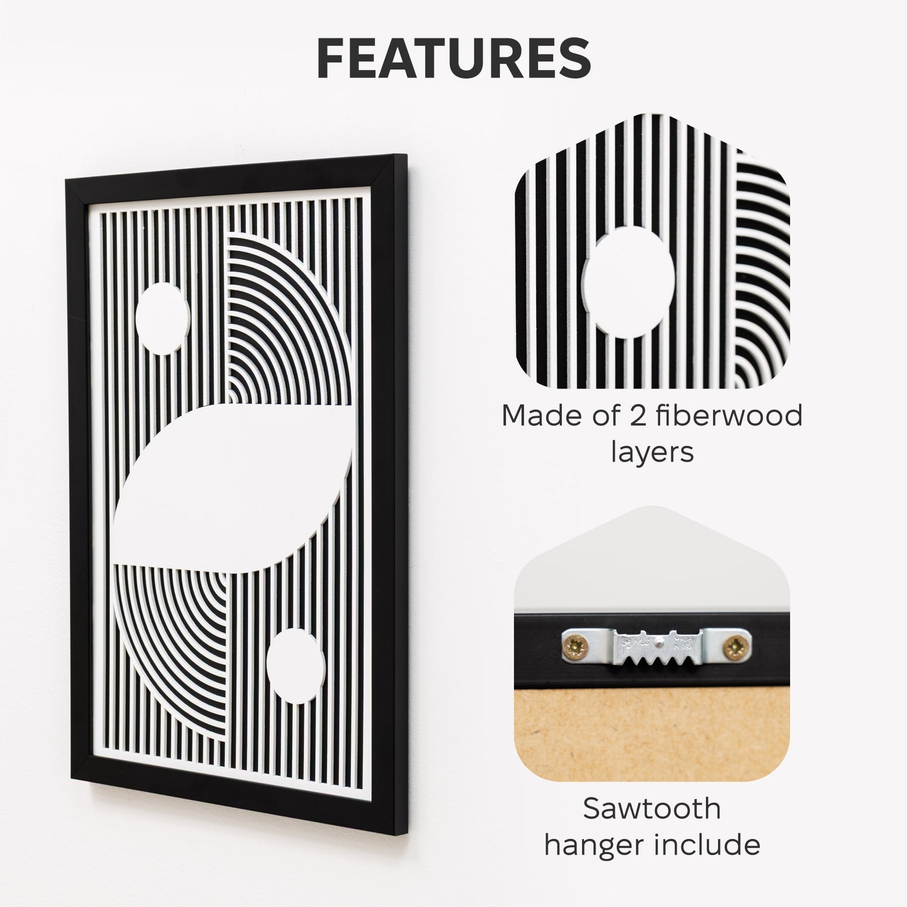 Decorative wall art with geometric design and sawtooth hanger on a white background