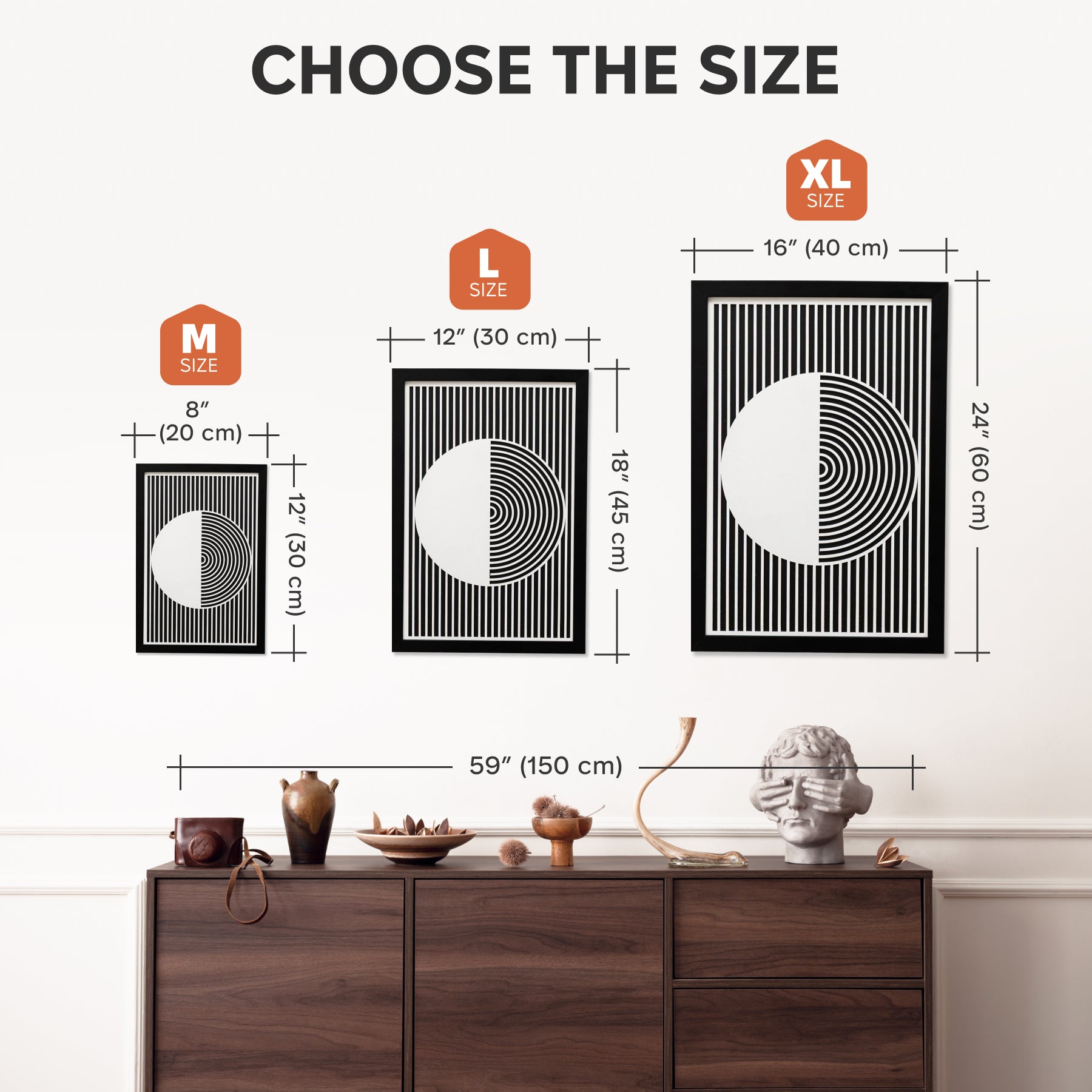 Size chart for wall art with dimensions displayed on a neutral background