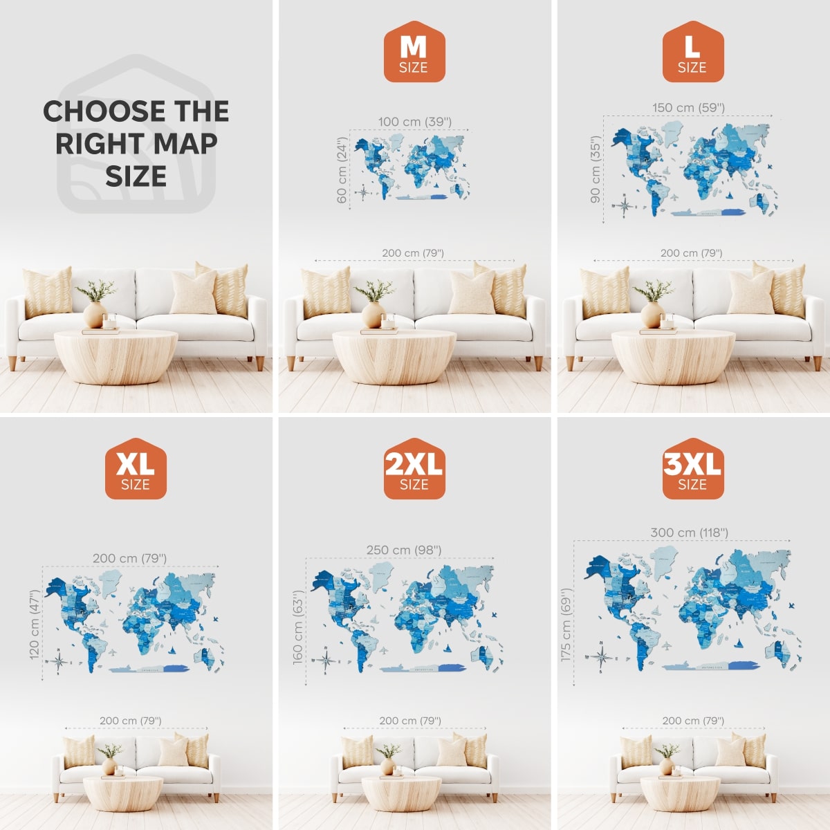 Comparison of world map sizes on a wall above a sofa.