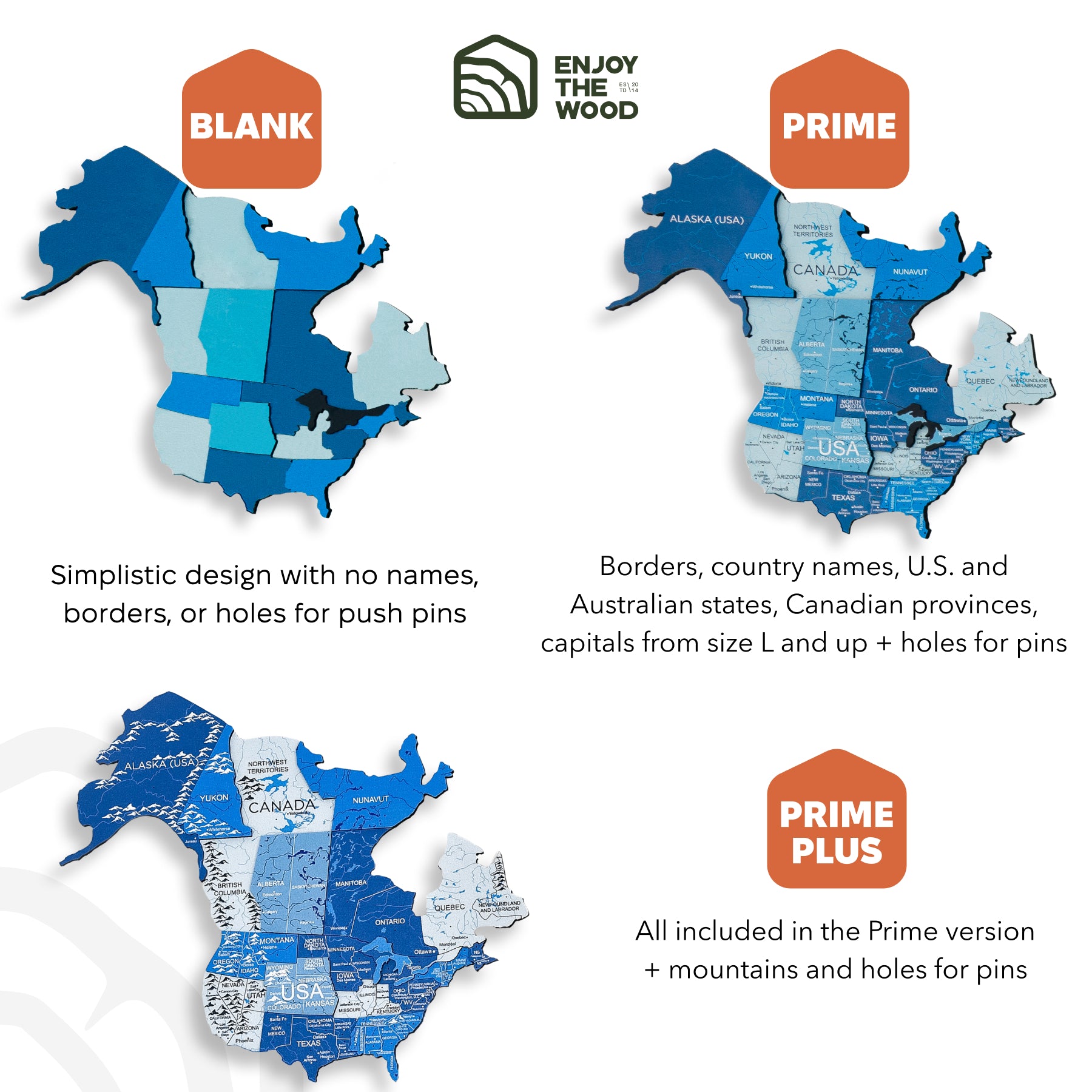 Map of North America with labeled regions and 'Enjoy The Wood' branding.
