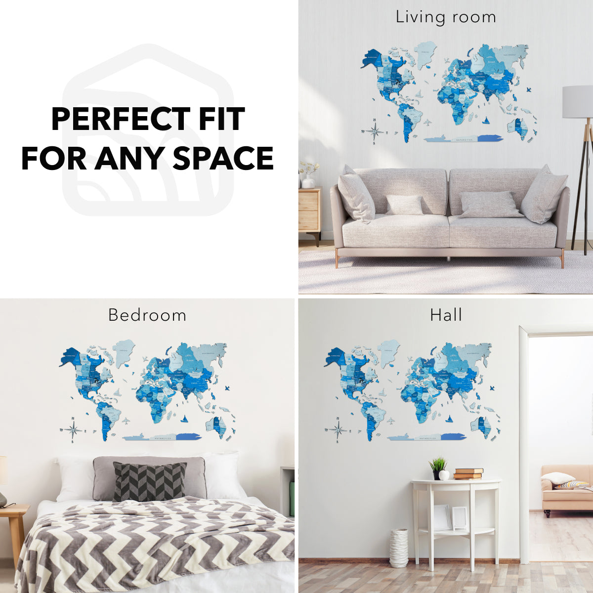 World map wall decal in various rooms with text 'Perfect Fit for Any Space'.